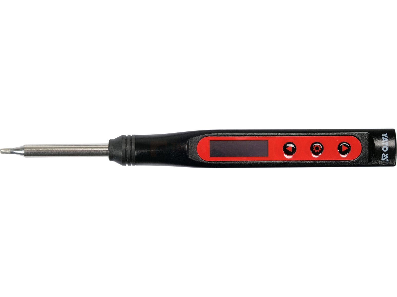 Pildil on musta korpusega YATO jootekolb, millel on punane riba ja digitaalne ekraan.