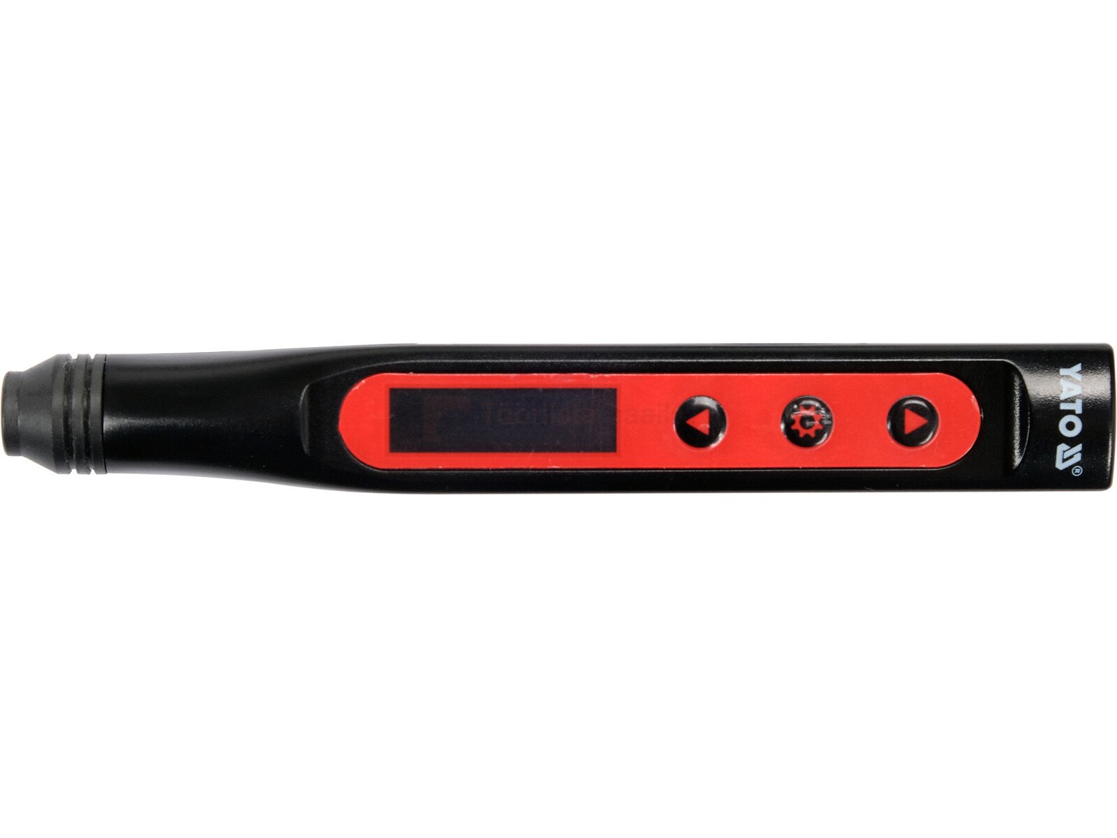 Pildil on musta värvi YATO jootekolb punase ekraani ja juhtnuppudega, mis asub mustas vutlaris.