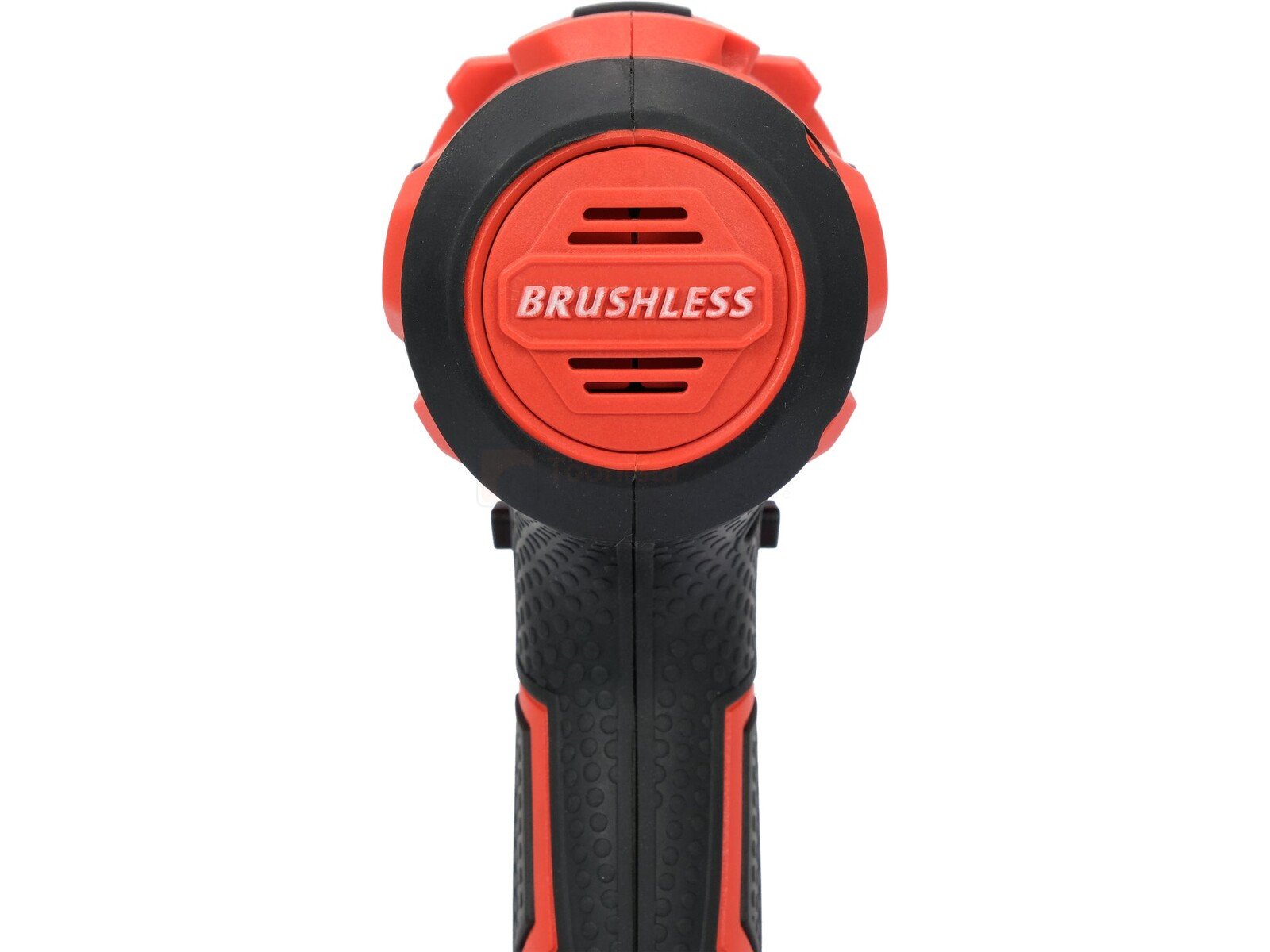 Pildil on Yato IMPACT DRILL DRIVER 18V 75NM - BODY, millel on näha punane ja must korpus, millel on sõna "BRUSHLESS".