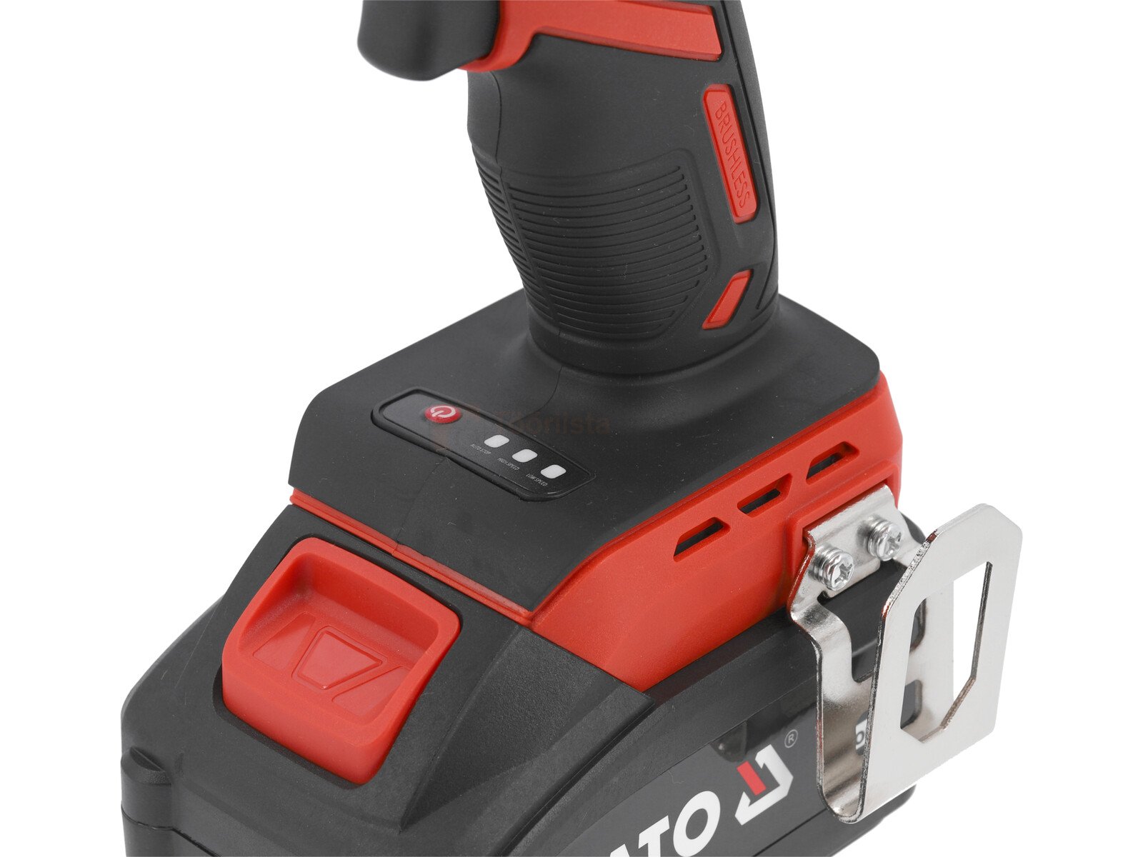 Pildil on näha YATO akulöökmutrikeeraja 3/4" detail, millel on aku laetuse indikaator ja vööklamber.