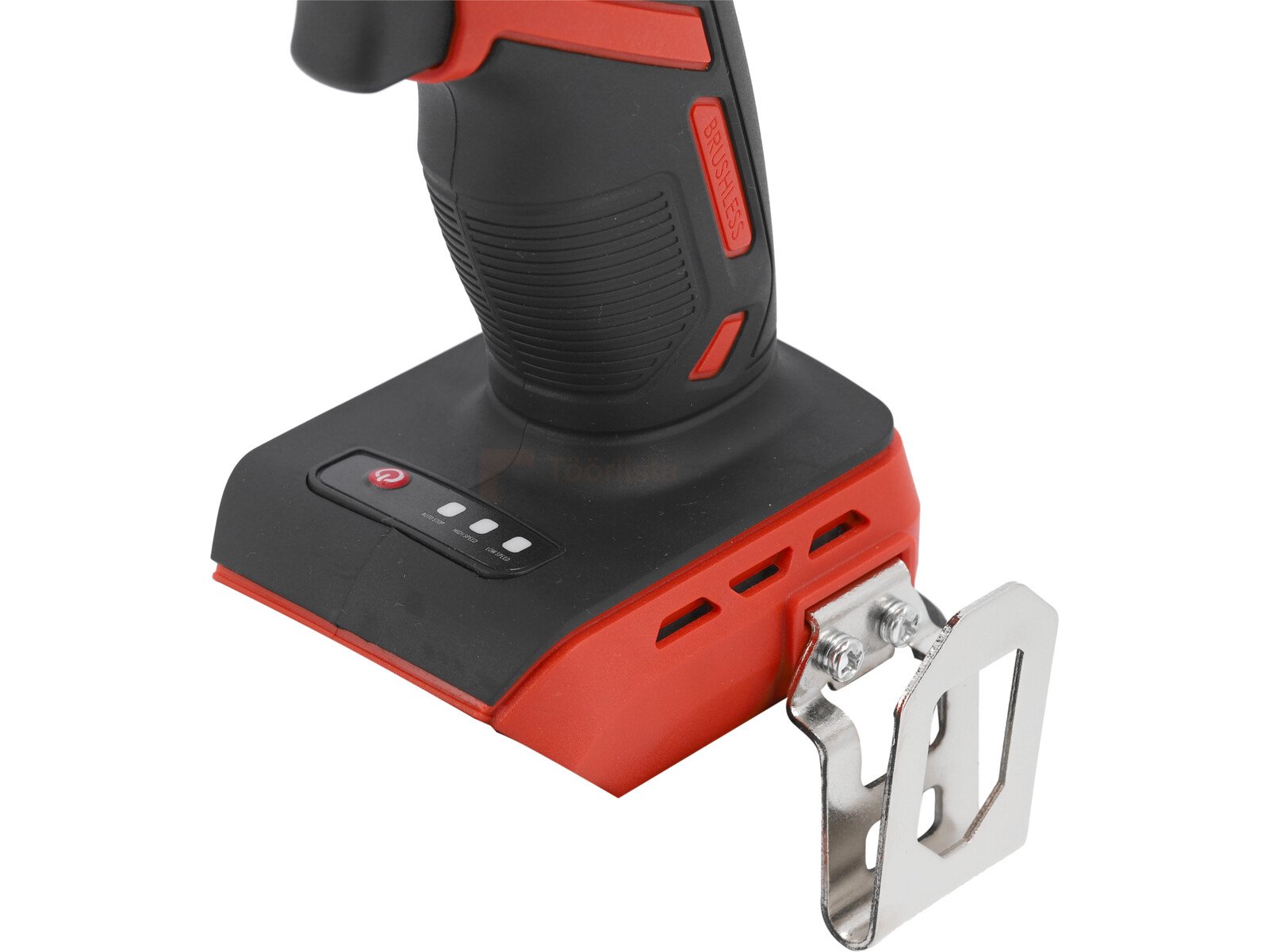 Pildil on näha YATO akulöökmutrikeeraja 3/4" korpuse detail koos vööklambriga ja aku laetuse indikaatoriga.