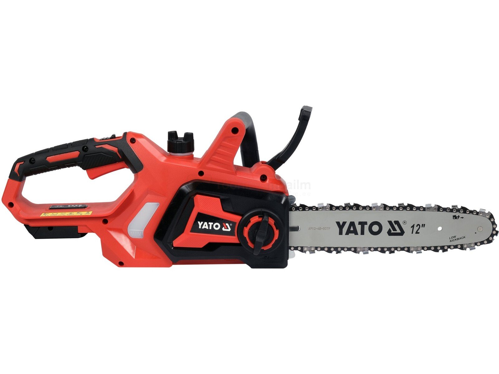 Pildil on punane ja must Yato CHAINSAW 18V 12'' - BODY, mis on akuajamiga mootorsaag.