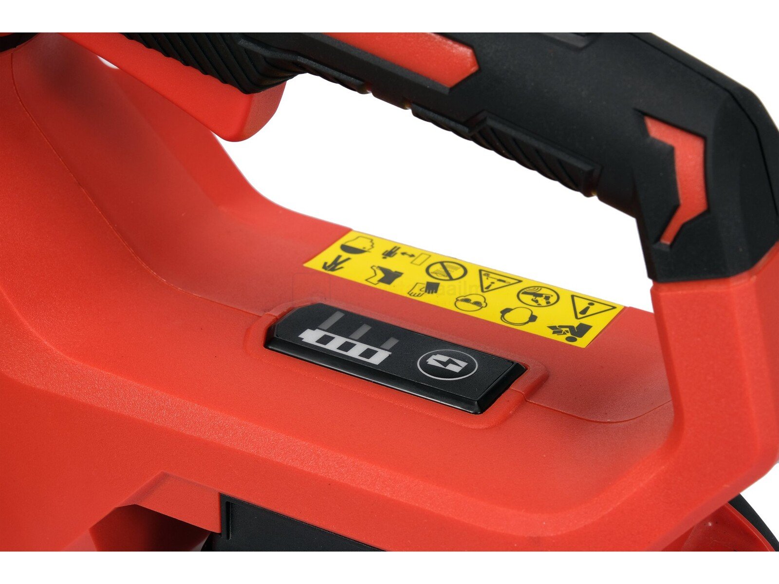 Pildil on Yato 18V 12'' kettsae korpus, millel on aku laetuse indikaator ja ohutusmärgid.