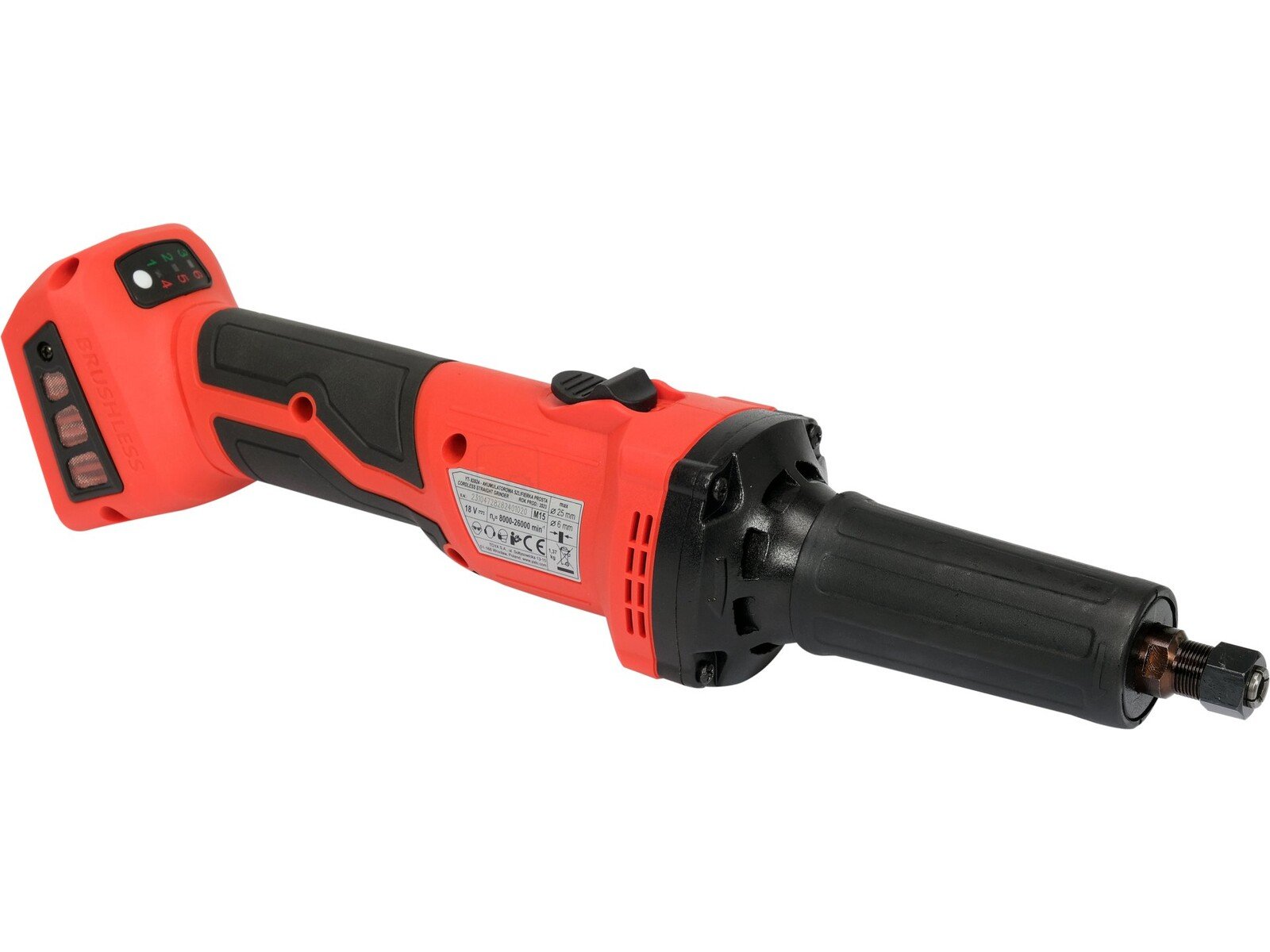 Pildil on Yato sirge lihvija 18V 6mm - BODY, mis on punase ja musta värvi ning millel on aku ja lihvimisotsak.