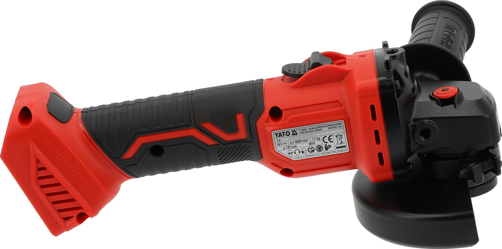 Pildil on näha YATO punast ja musta värvi akunurklihvija 18V 125 mm ilma aku ja laadijata.