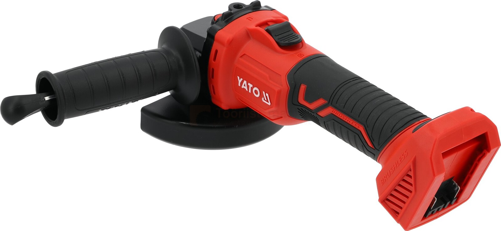 Pildil on YATO akunurklihvija, mis on punast ja musta värvi, millel on küljel lisakäepide ja mis on mõeldud kasutamiseks...