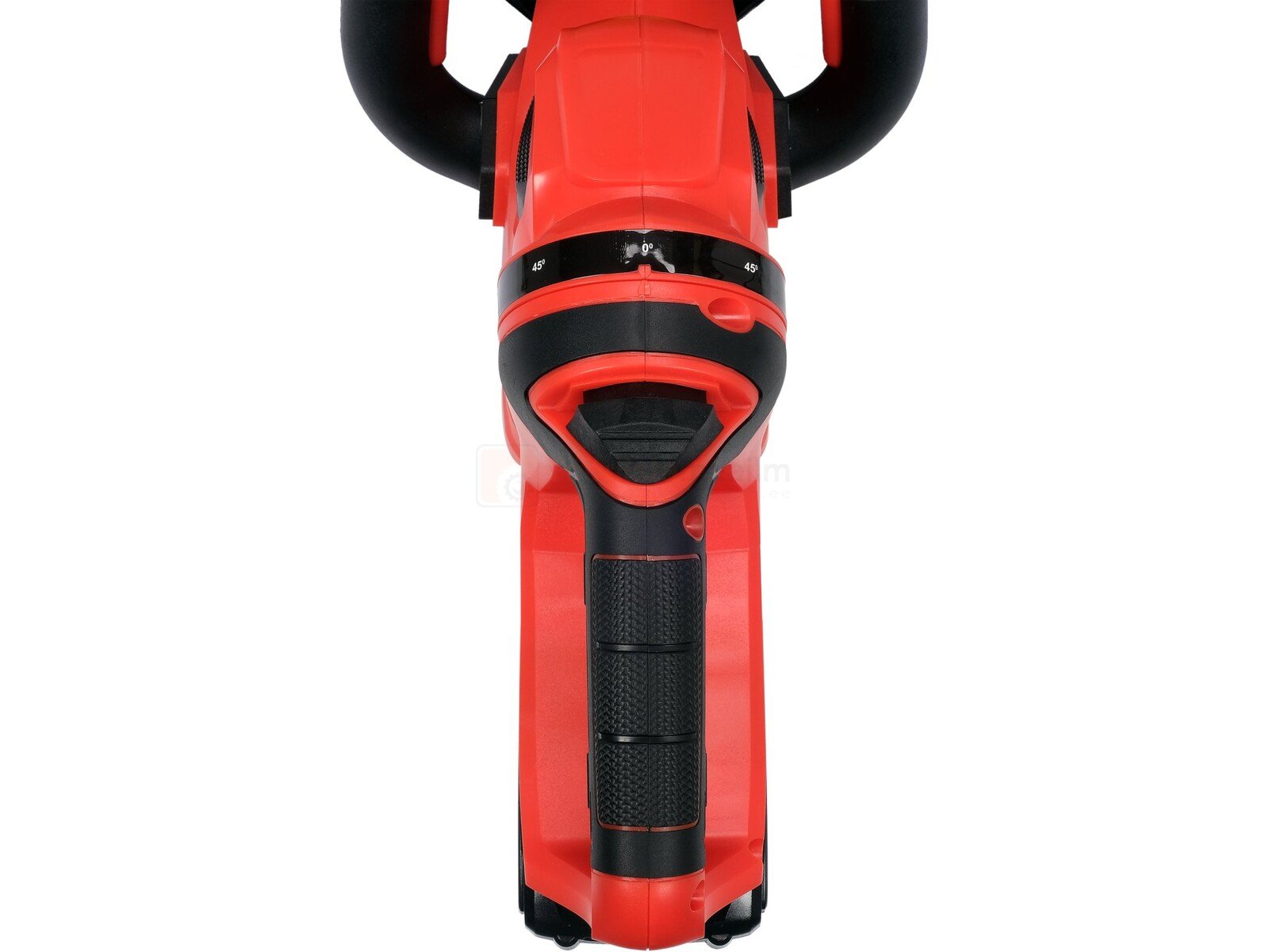 Pildil on näha Yato 18V 55cm hekilõikuri käepide ja korpus, mis on punast värvi ja millel on mustad detailid.