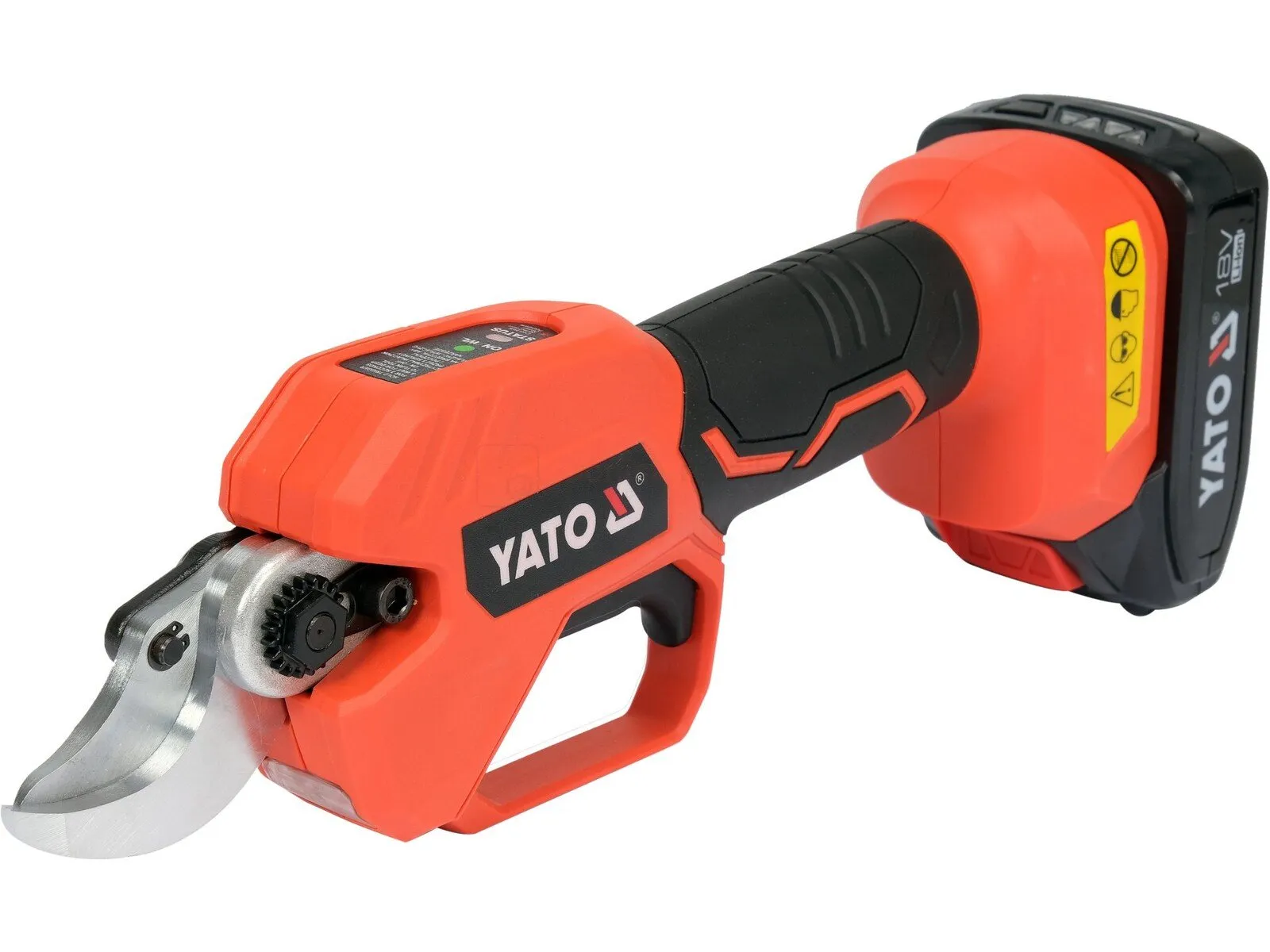 Pildil on oranžide detailidega YATO 18V 2AH akuga oksakäärid.