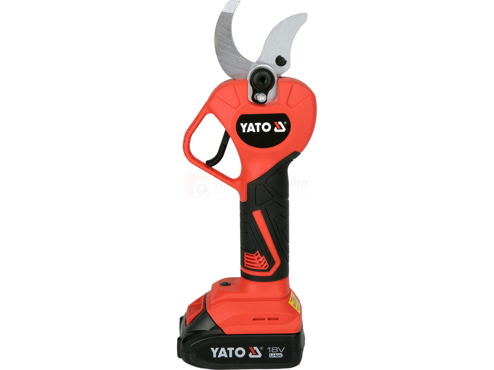 Pildil on näha punast ja musta värvi YATO oksalõikurit 18V, koos aku ja laadijaga.