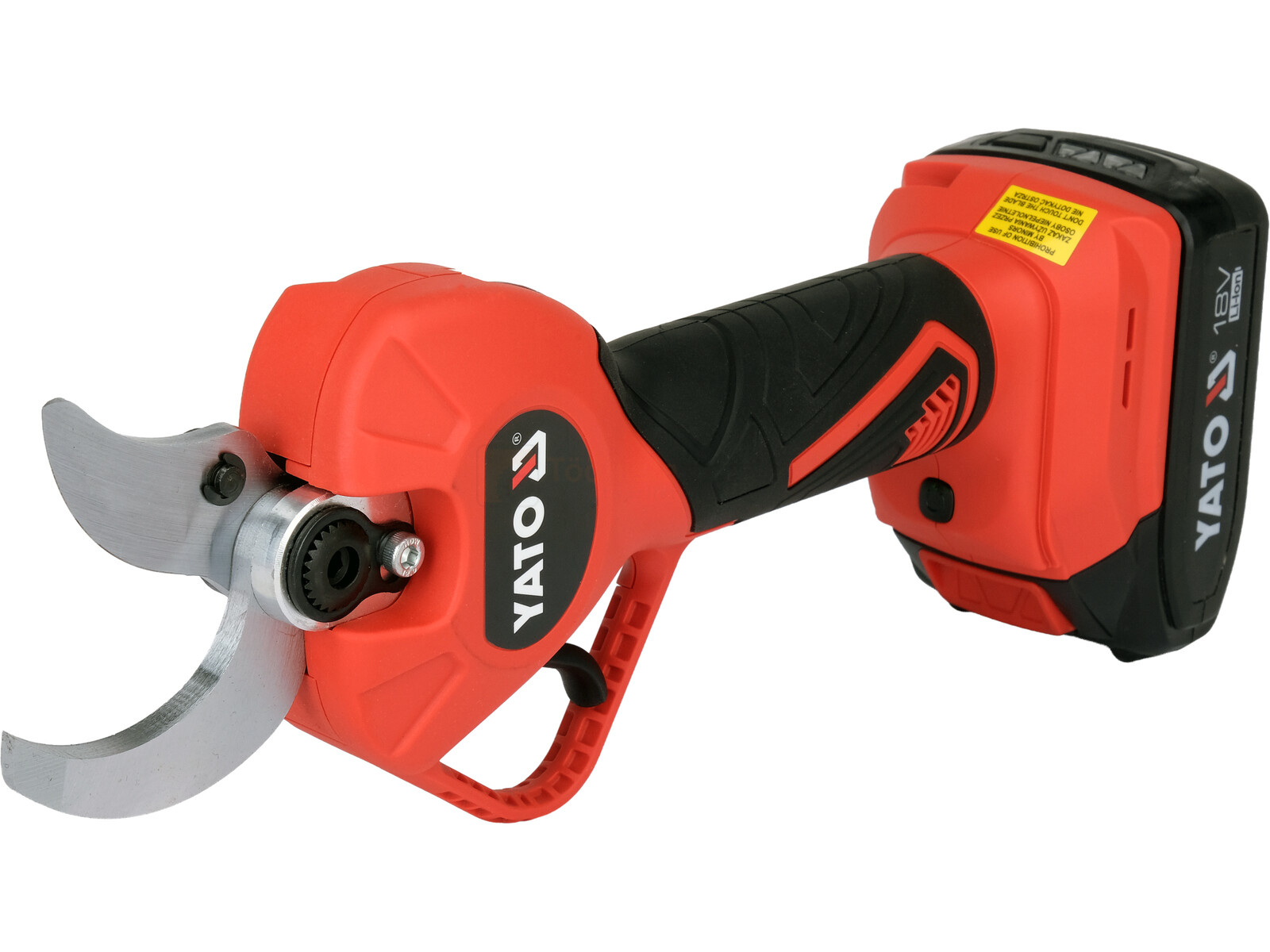 Pildil on punane ja must YATO oksalõikur 18V, millel on küljes aku ja mis on mõeldud okste lõikamiseks.