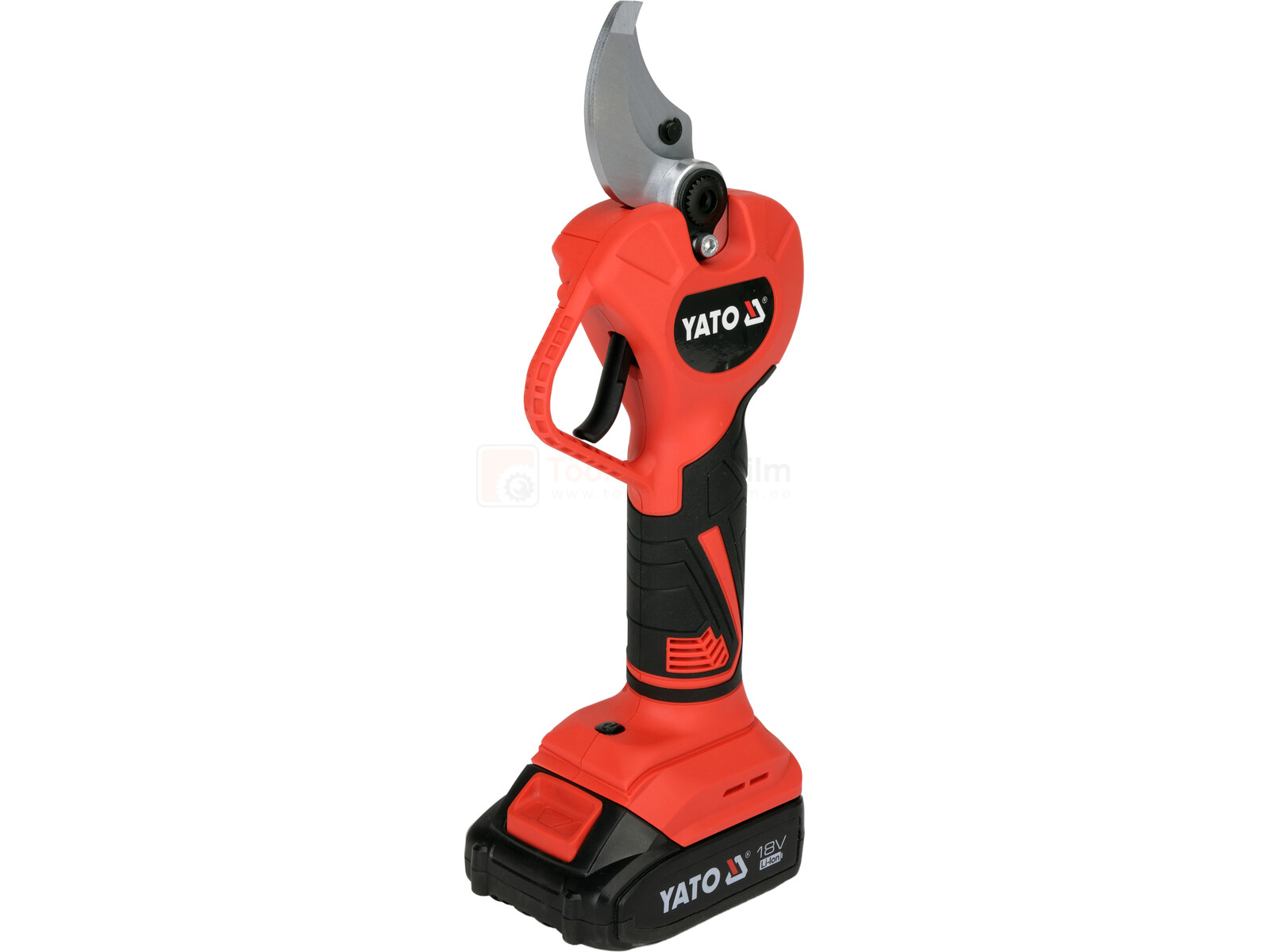 Pildil on YATO oksalõikur 18V, koos akuga ja laadijaga, mis on mõeldud okste lõikamiseks.