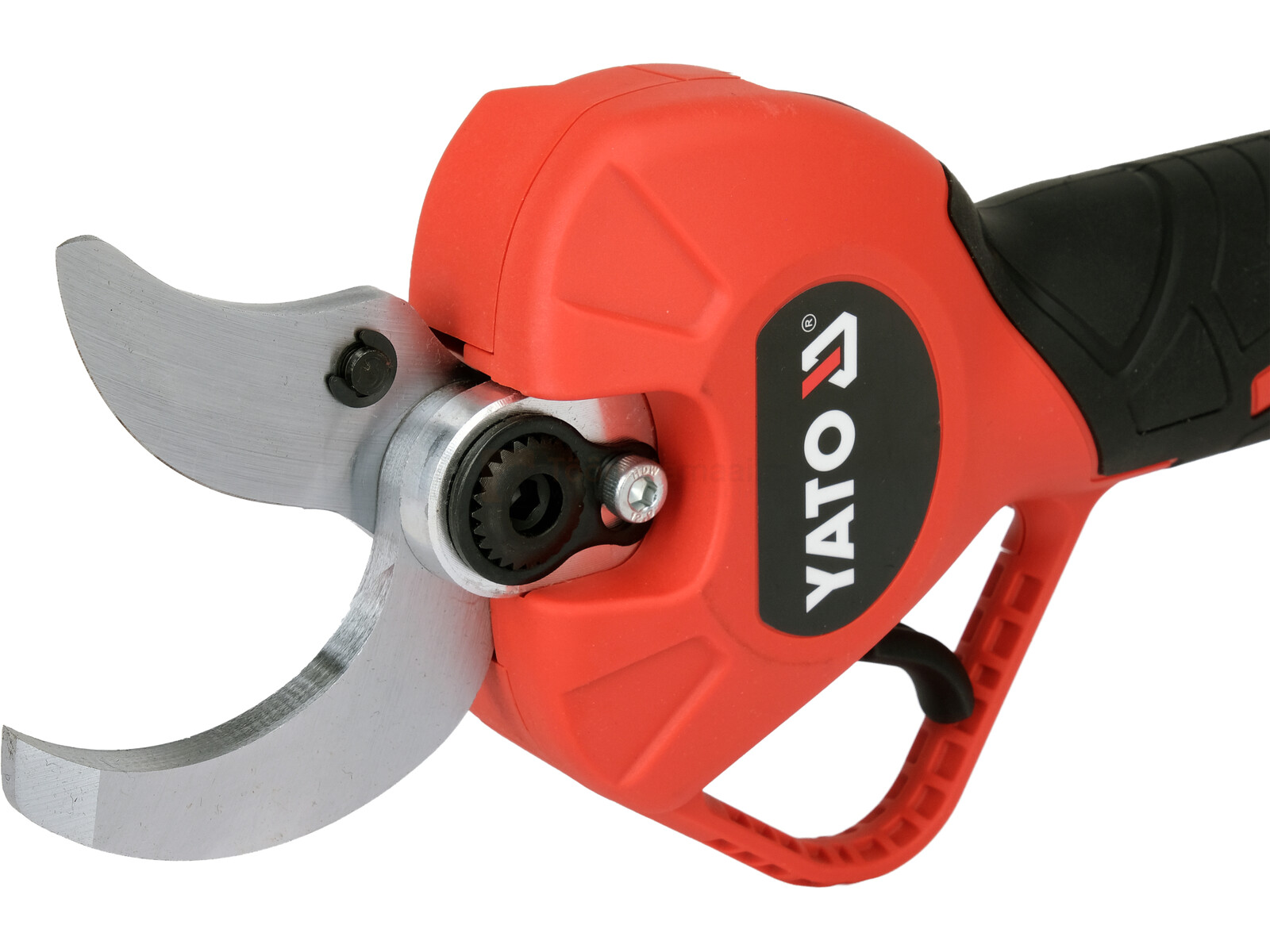 Pildil on YATO 18V oksalõikur, mis on punase korpusega ja terava teraga ning näha on ka selle käepide.