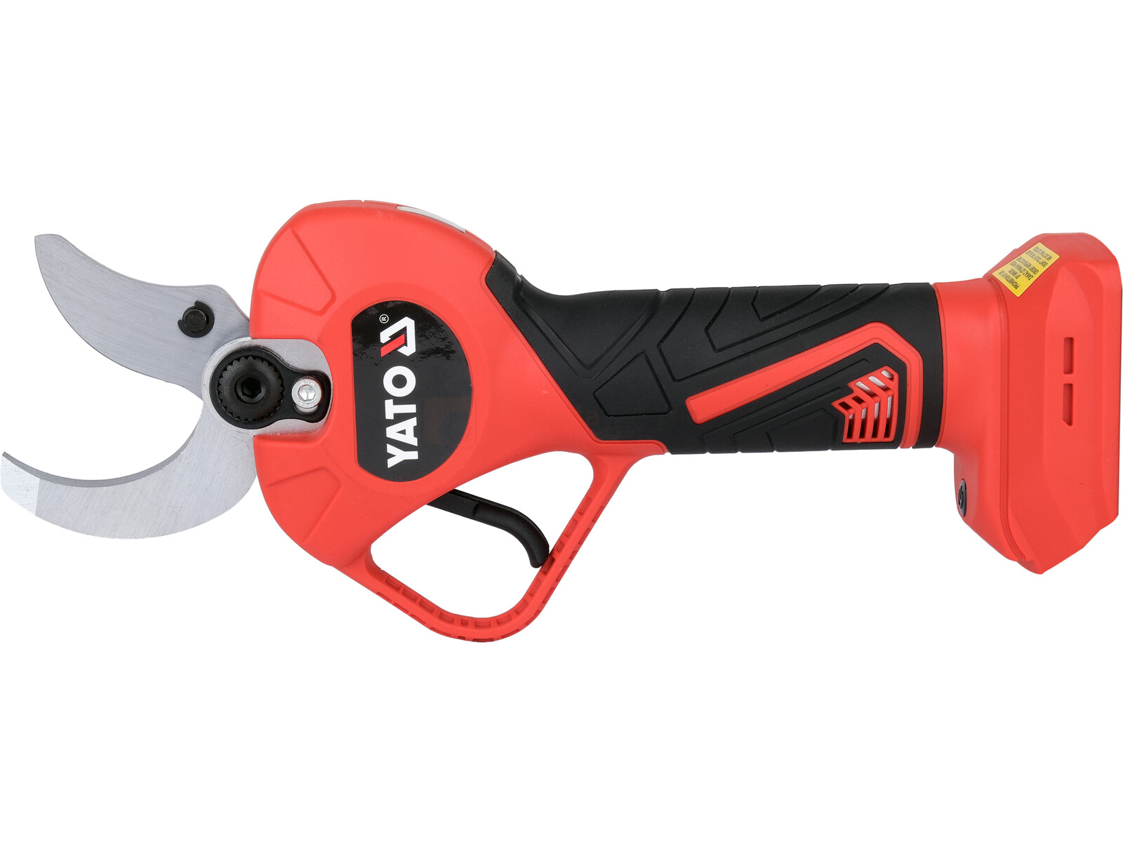 Pildil on punane ja must Yato 18V oksalõikur, millel on terav lõiketera, käepide ja päästik, ilma aku ja laadijata.