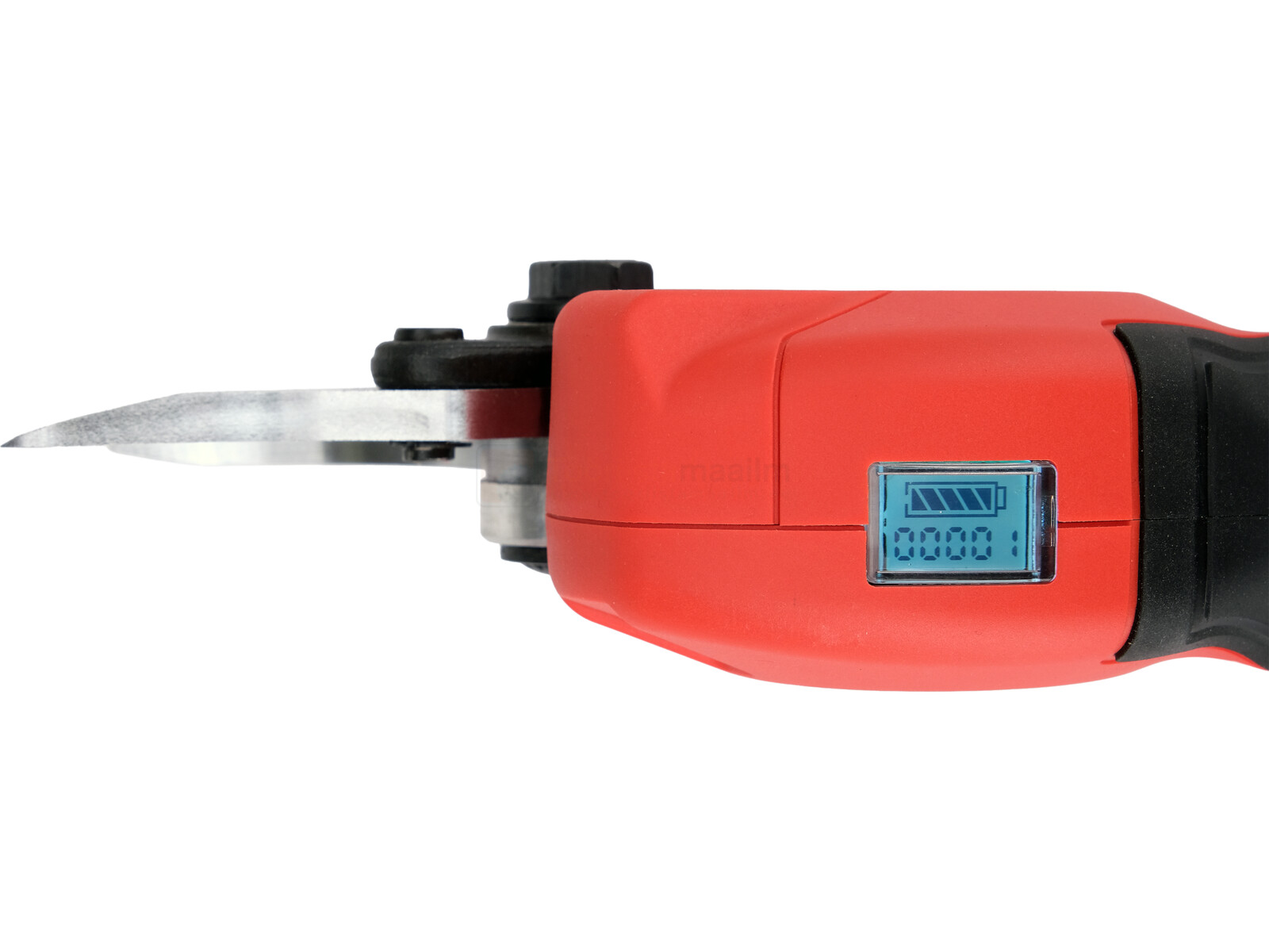 Pildil on näha YATO oksalõikuri 18V osa, millel on nähtav tera, ekraan ja aku laetuse indikaator.