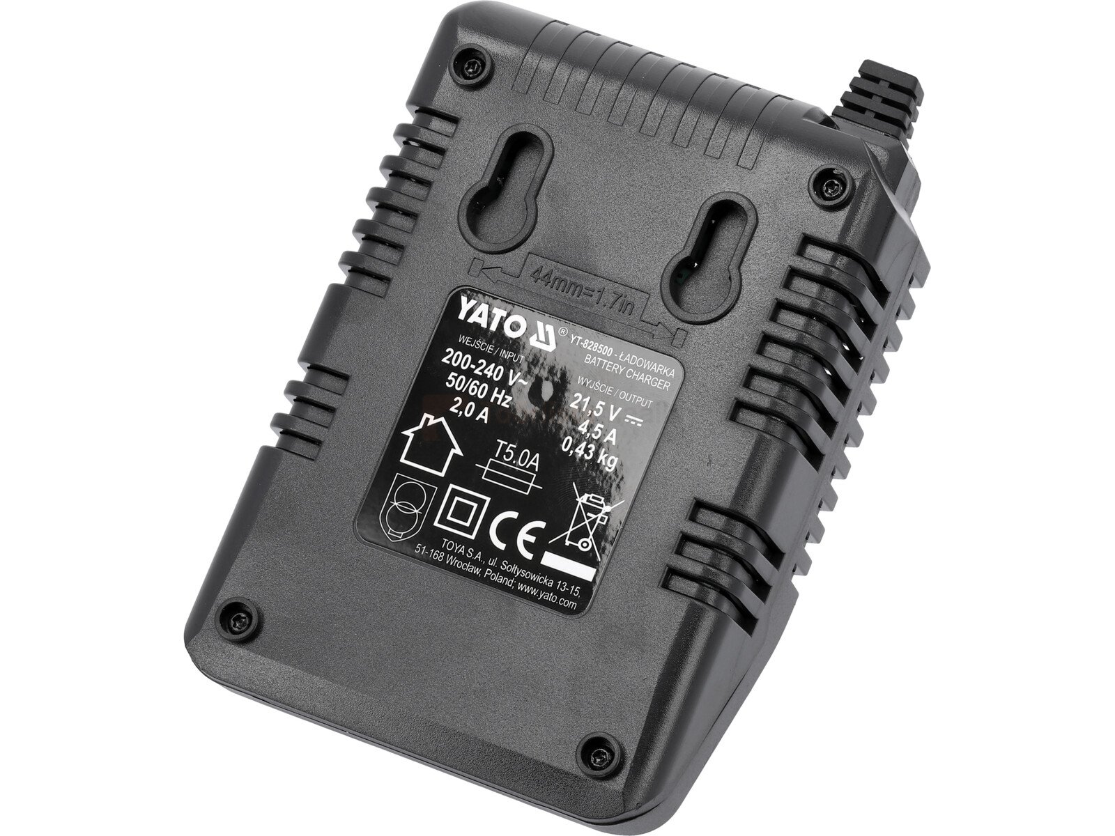 Pildil on must Yato intelligentne laadija, millel on küljel jahutusribid ja tagaküljel riputusavad.