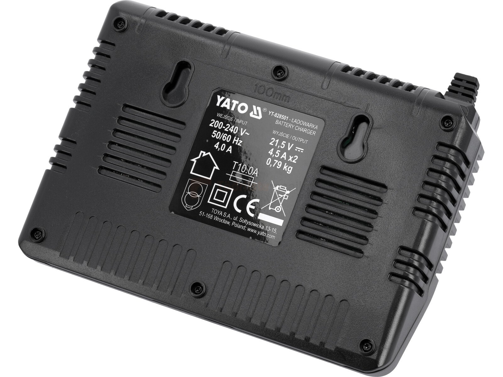 Pildil on must Yato nutikas topeltlaadija, millel on tehnilised andmed ja riputusavad.