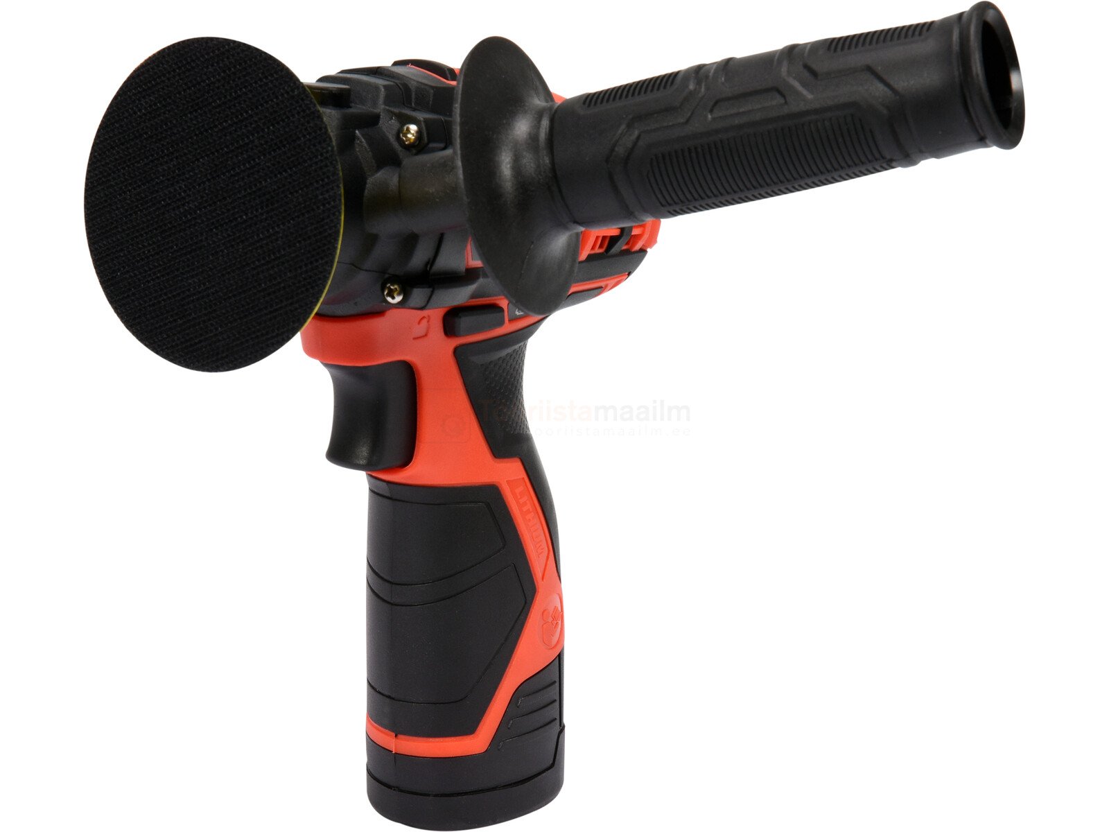 Pildil on Yato kaubamärgi 12V 80mm 2-kiiruseline poleerija, millel on käepide ja mille külge on kinnitatud poleerimispad.