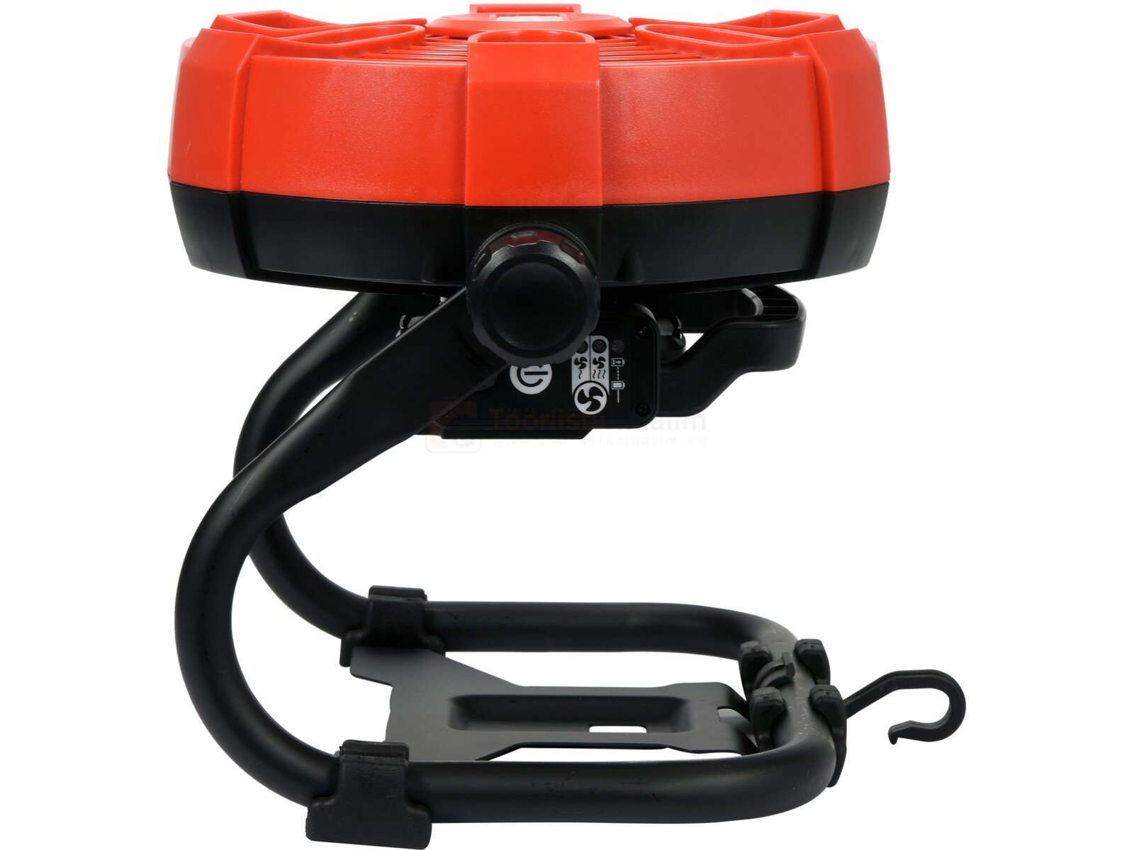 Pildil on YATO aku- ja võrgutoitel ventilaator, millel on punane korpus, must tugiraam ja konks riputamiseks.