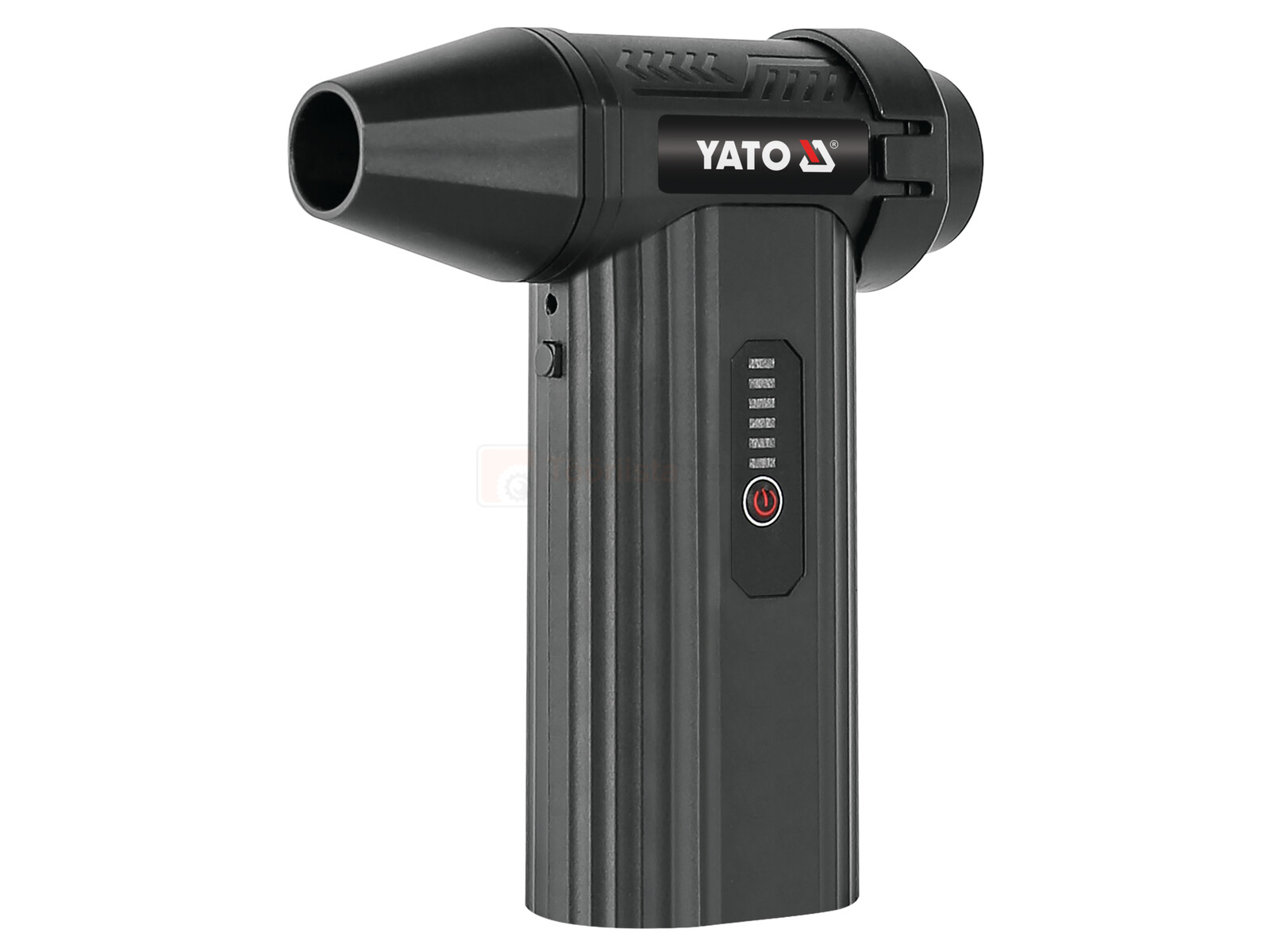 Pildil on Yato akutoitel puhur koos vaakumpuhastaja tarvikutega, millel on näha toote korpus, õhu väljalaskeava ja...