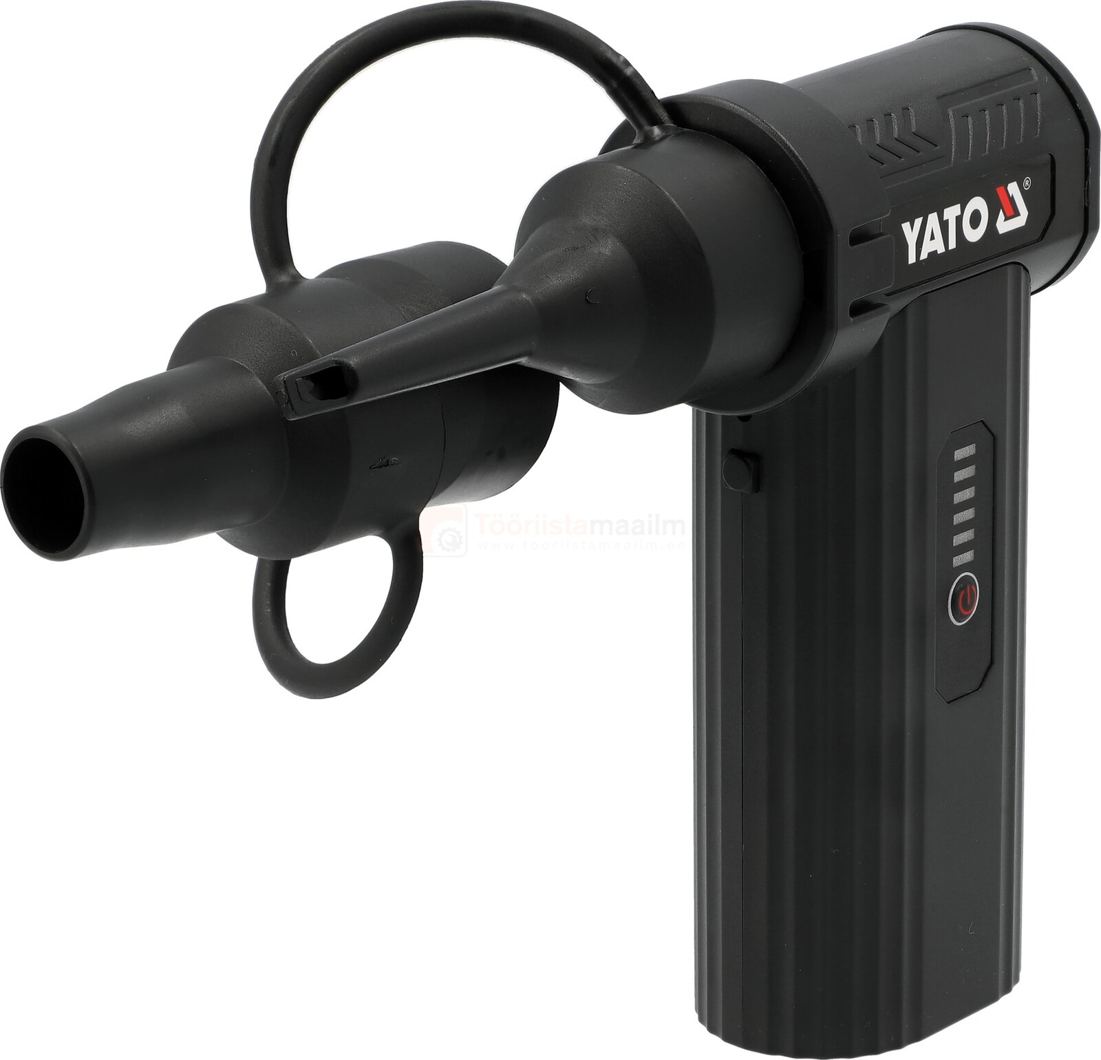 Pildil on Yato akutoitel puhur koos vaakumpuhastaja tarvikutega, millel on näha aku laetuse indikaator.