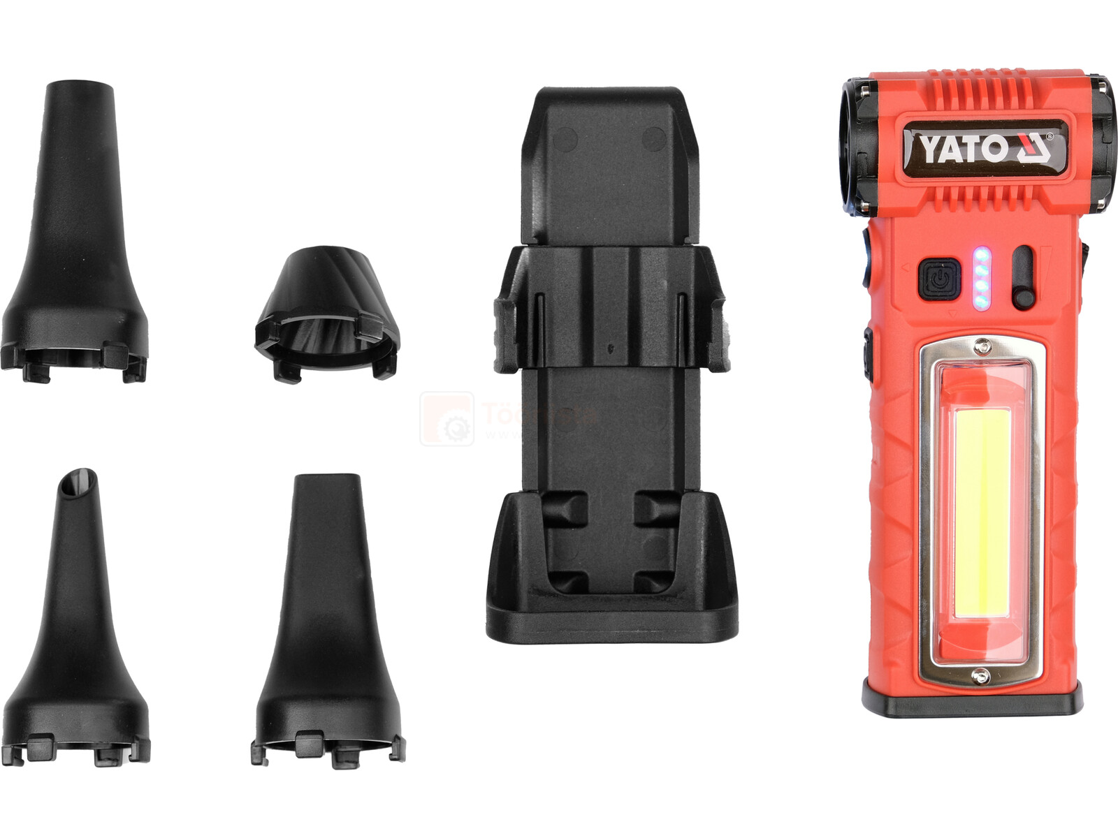 Pildil on YATO akutoitel minipuhur-taskulamp koos erinevate otsikute ja laadimisdokiga.
