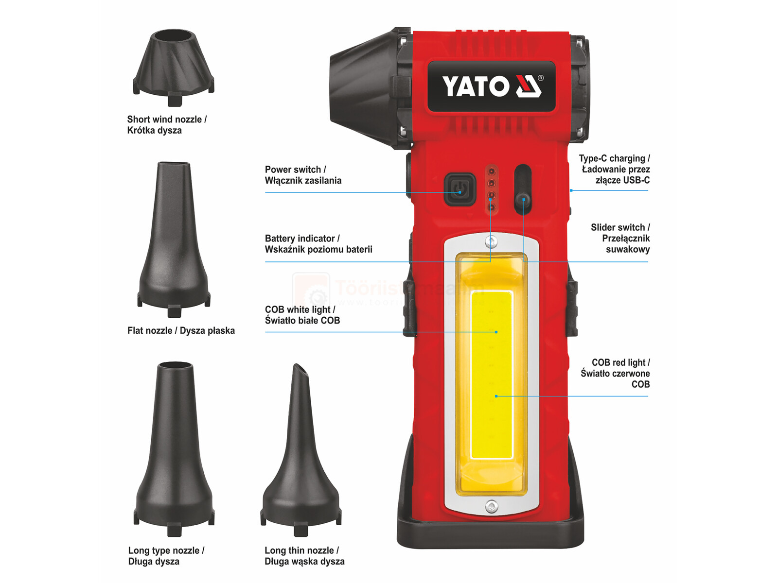 Pildil on Yato akutoitel minipuhur-taskulamp, millel on erinevad otsikud, nupud ja laadimispistik.