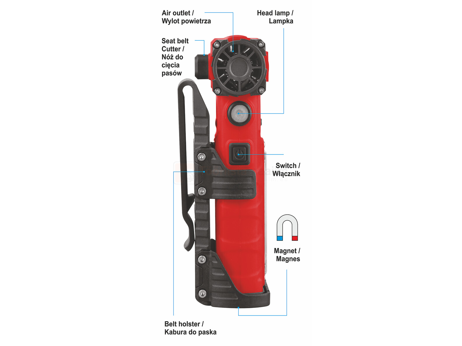 Pildil on punane YATO akutoitel minipuhur-taskulamp, millel on õhu väljalaskeava, pealamp, turvavöö lõikur, lüliti...