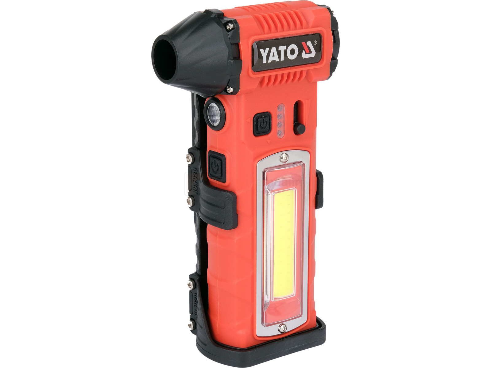 Pildil on punane YATO akutoitel minipuhur-taskulamp, millel on nii taskulambi kui ka puhuri funktsioonid.