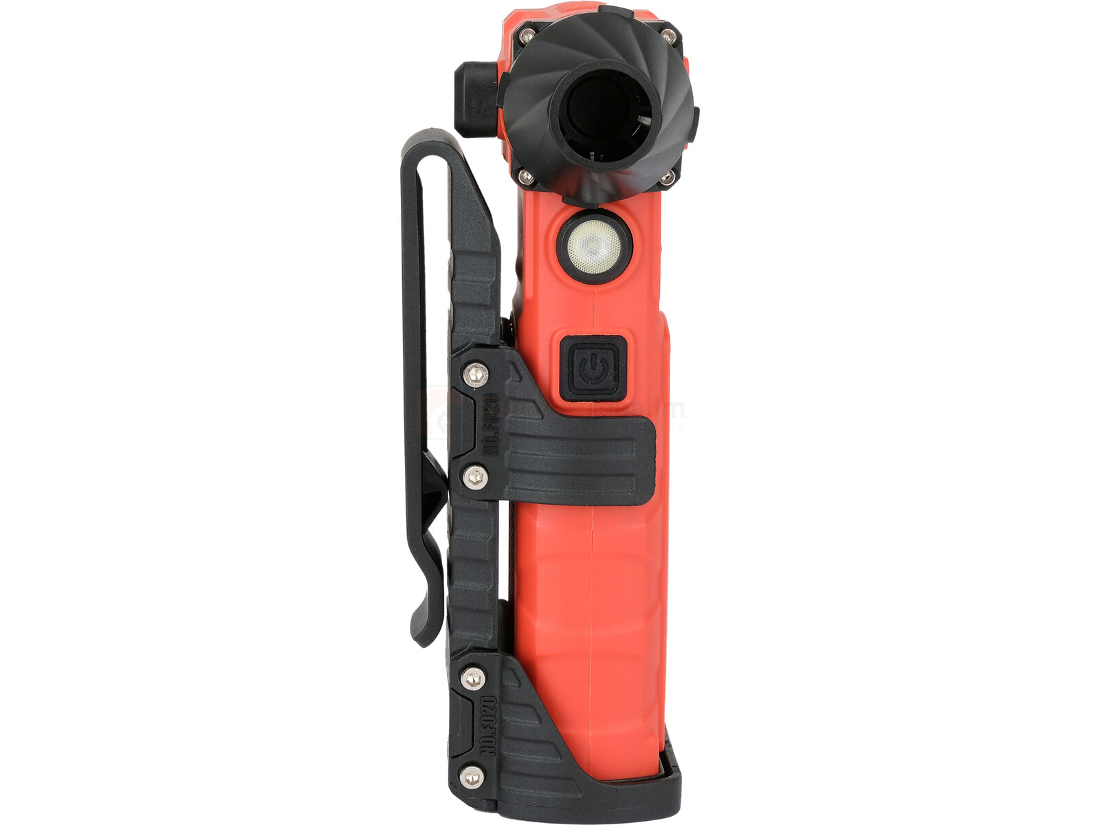 Pildil on punane YATO akutoitel minipuhur-taskulamp, millel on külge kinnitatud klamber.