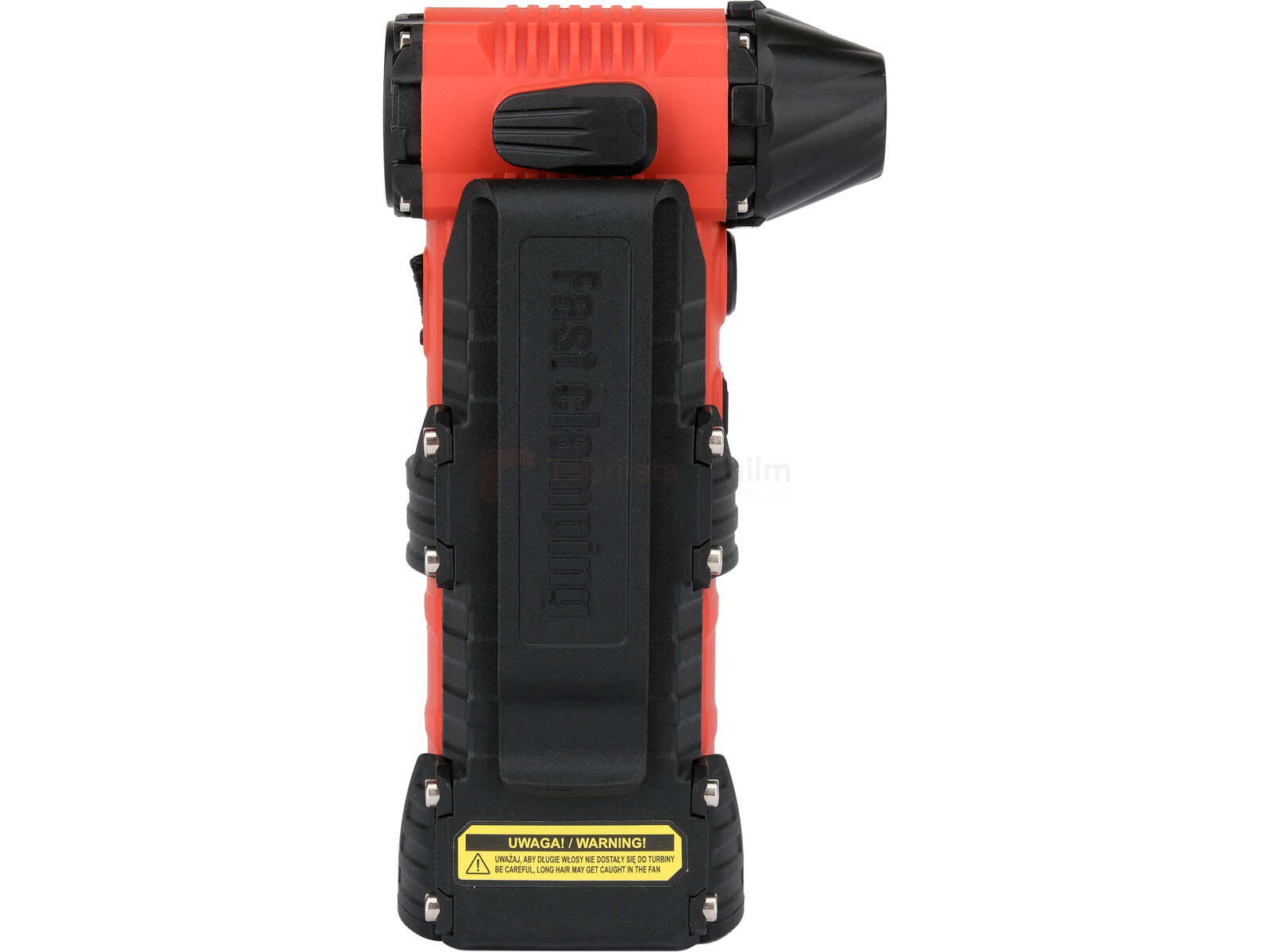 Pildil on YATO akutoitel minipuhur-taskulamp, millel on punane korpus, must klips ja otsik, ning kollane hoiatusmärgistus.