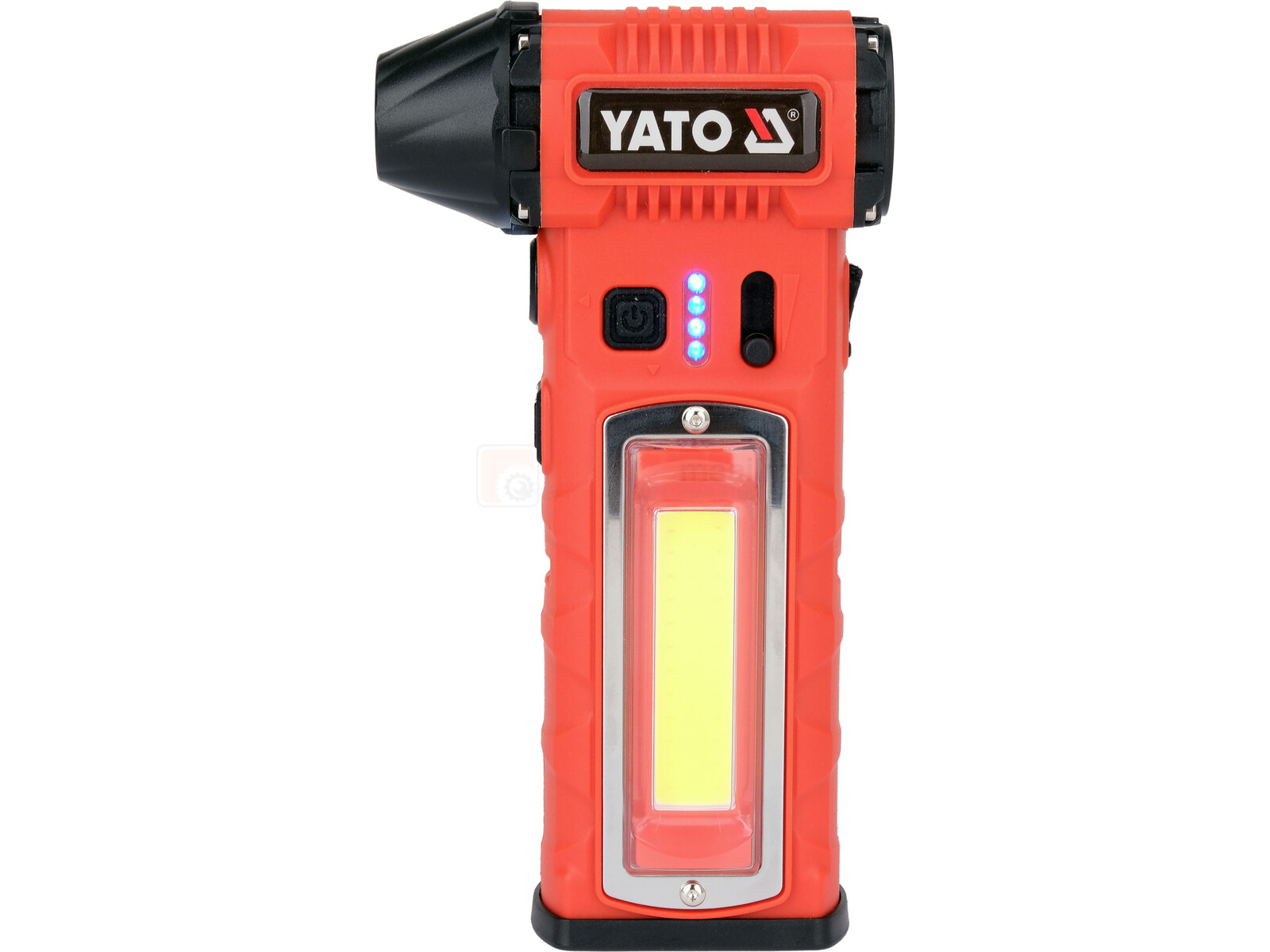 Pildil on punane YATO akutoitel minipuhur-taskulamp, millel on küljel valgustus, aku laetuse indikaator ja pealmine...