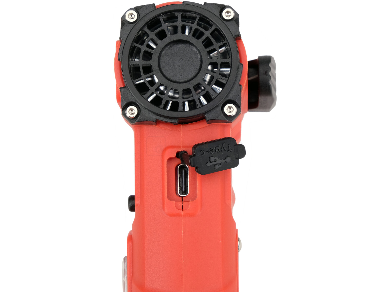 Pildil on YATO akutoitel minipuhur-taskulamp, millel on ventilaator, USB-C laadimisport ja taskulambi pea.