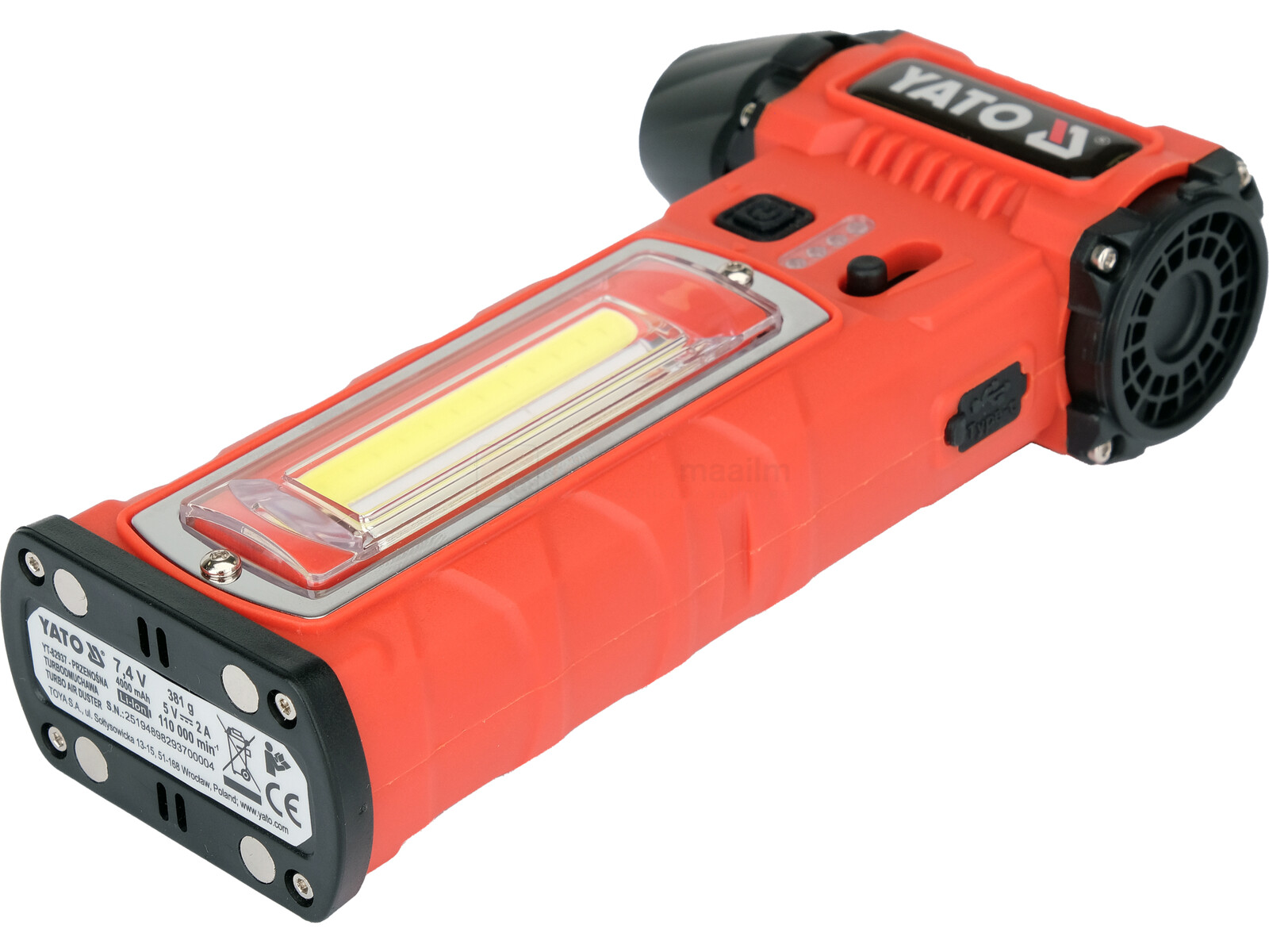 Pildil on punane YATO akutoitel minipuhur-taskulamp, millel on nii esituli kui ka külgtuli.