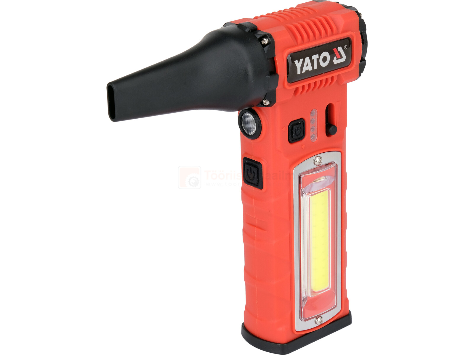 Pildil on punane YATO akutoitel minipuhur-taskulamp, millel on puhuri ots, valgustuspaneel ja juhtnupud.