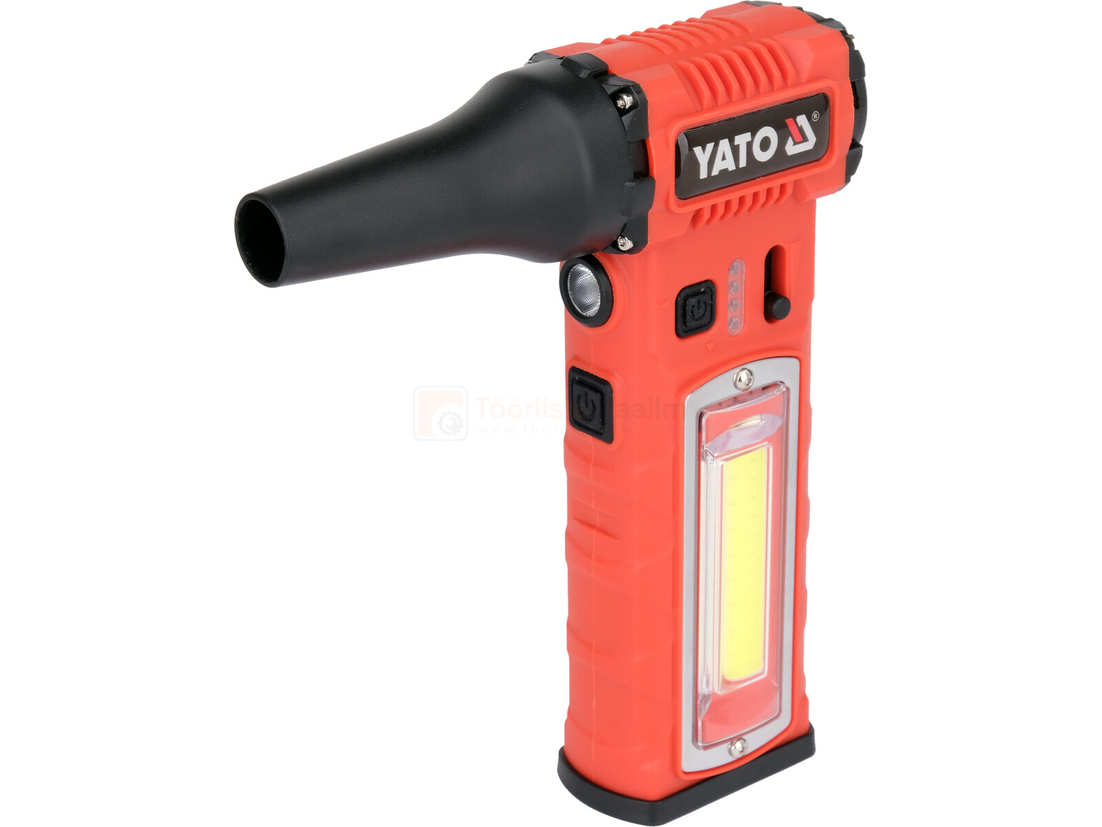 Pildil on YATO akutoitel minipuhur-taskulamp, millel on punane korpus, must otsik ja valgustus.