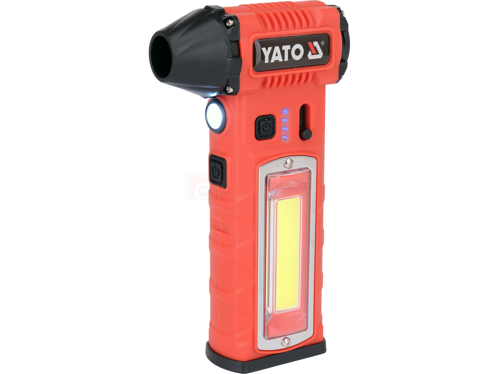 Pildil on YATO akutoitel minipuhur-taskulamp, millel on nii esituli kui ka küljevalgustus.