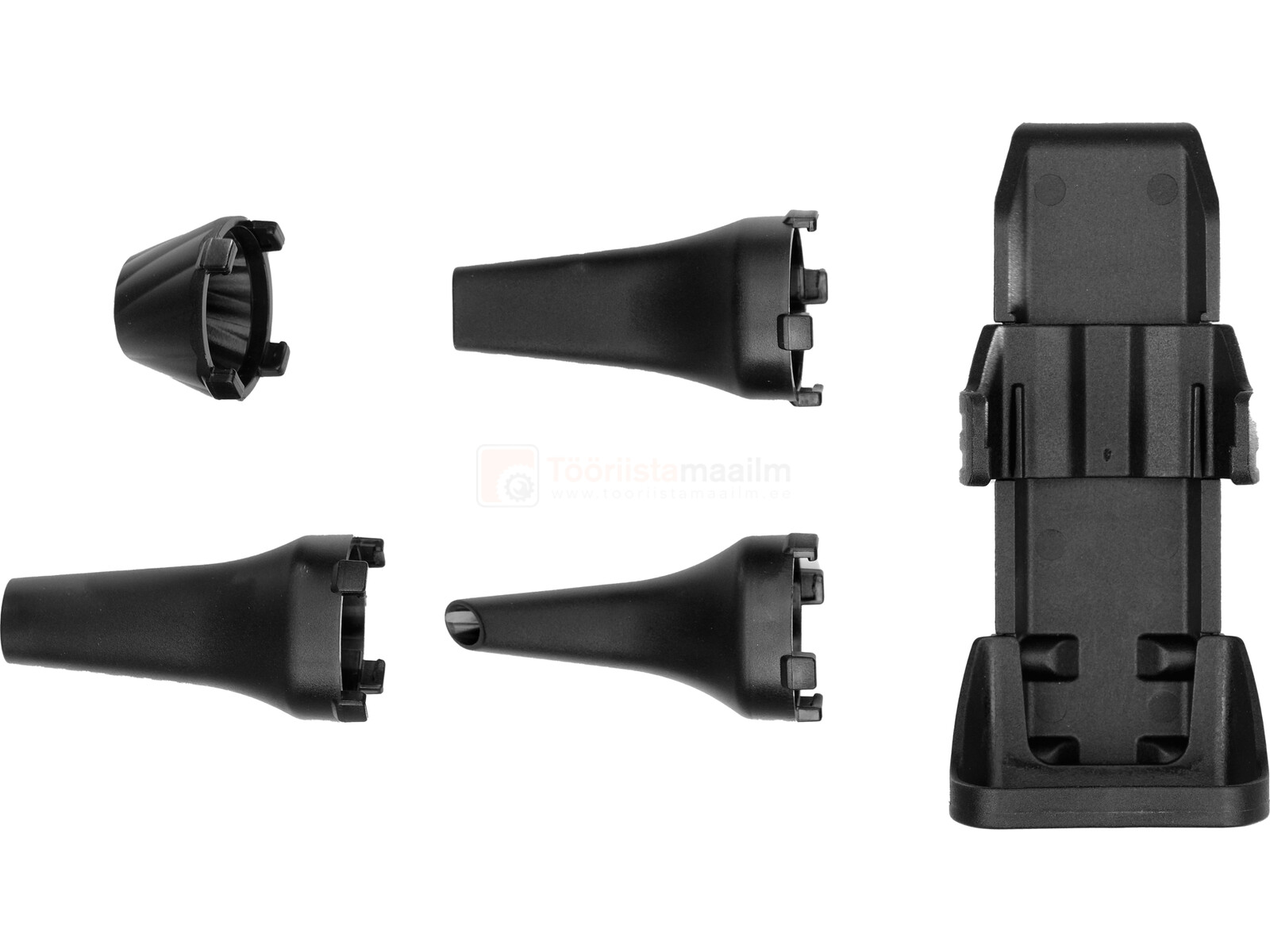 Pildil on YATO akutoitel minipuhur-taskulambi erinevad otsikud ja kinnitus, mis võimaldavad seadet kasutada erinevateks...