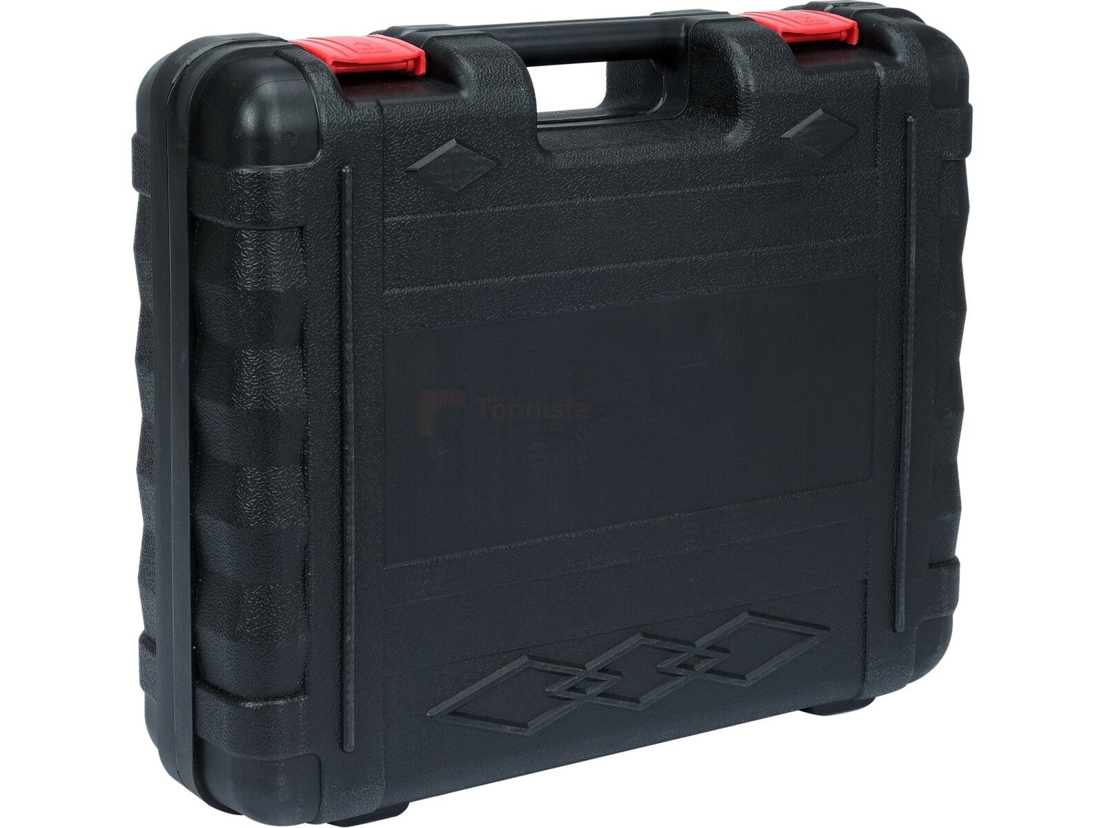 Pildil on YATO akutoitel neetimispüstol koos aku ja laadijaga, mis on pakitud musta kandekasti.