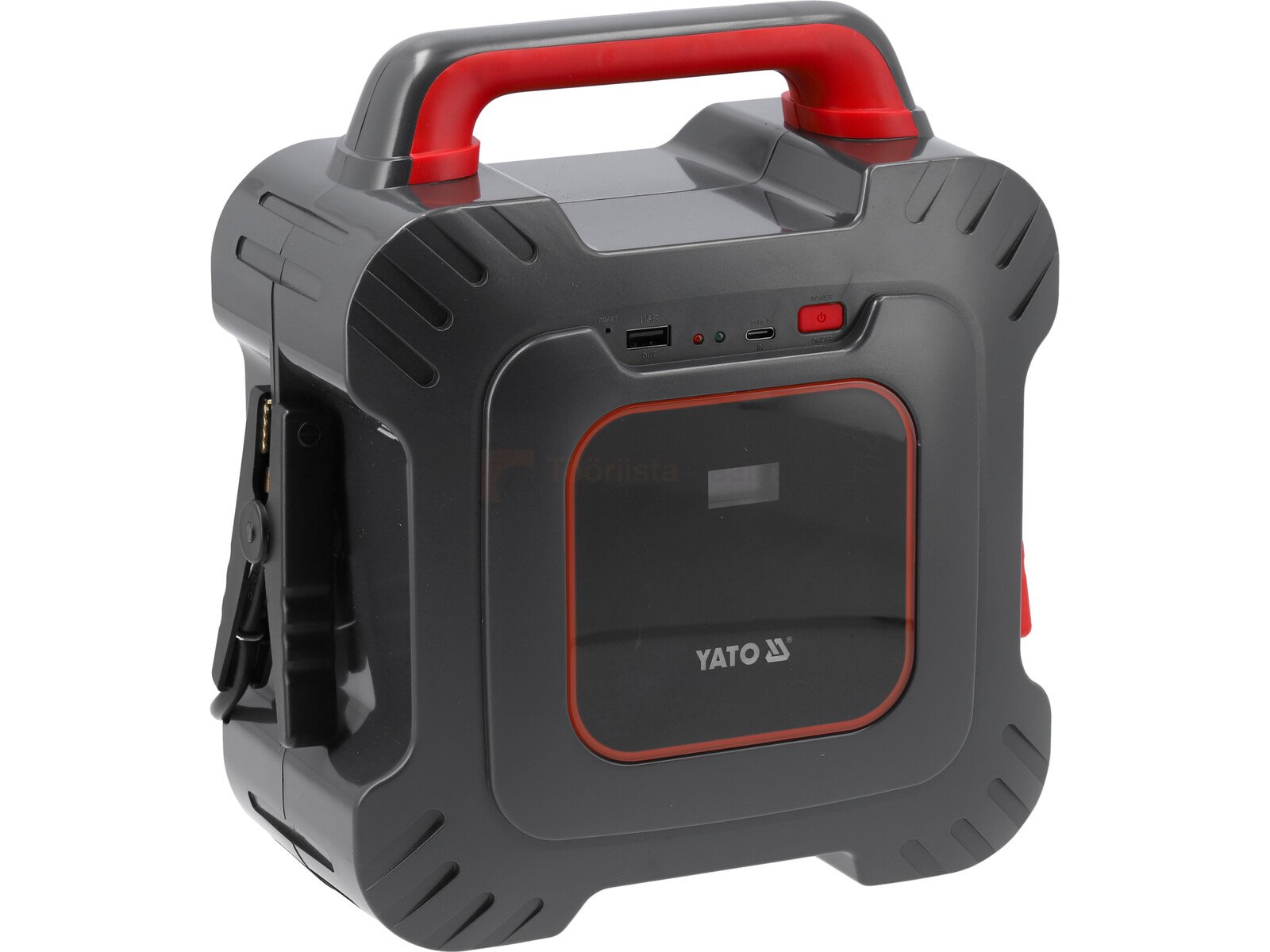 Pildil on must ja punane Yato Jump Starter Ultra Capacitor, millel on käepide ja mitmed pistikupesad.
