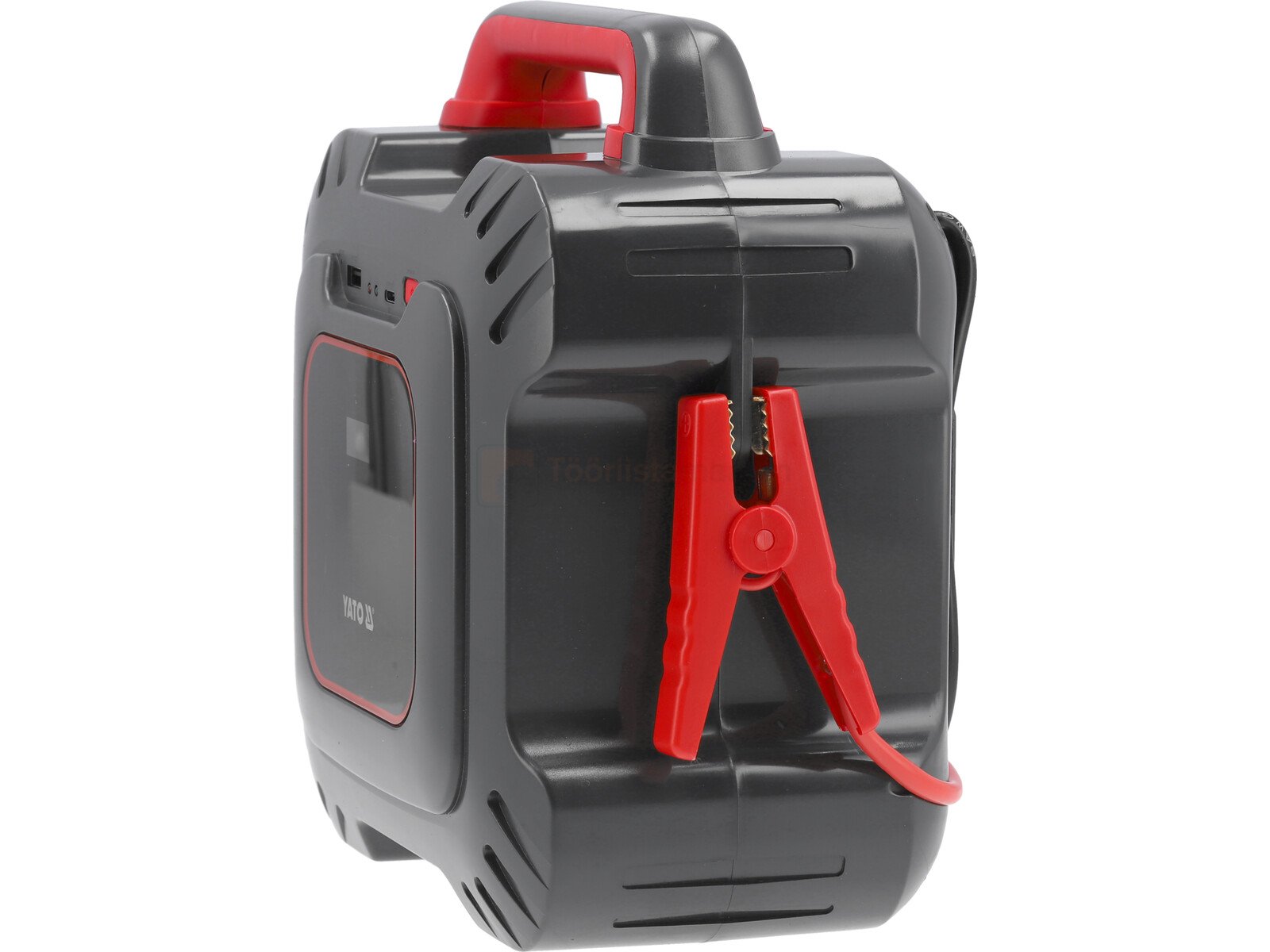 Pildil on Yato Jump Starter Ultra Capacitor, millel on punased klambrid ja käepide.