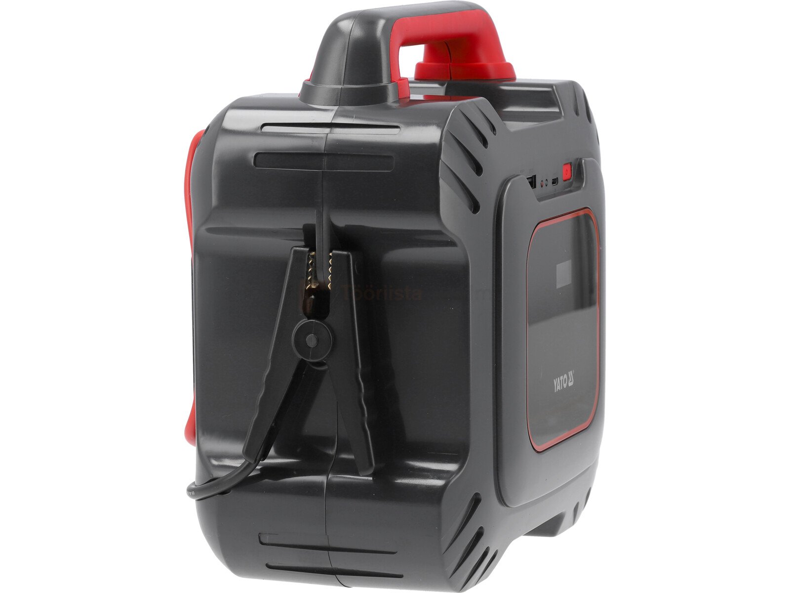 Pildil on Yato Jump Starter Ultra Capacitor, millel on must korpus, punased detailid ja käepide, ning küljel on klamber.