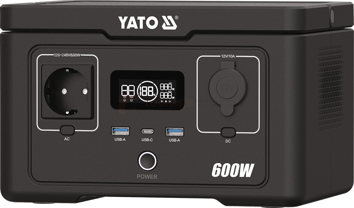 Pildil on kujutatud Yato 600W kaasaskantavat akujaama, millel on näha erinevad pistikud, ekraan ja brändi logo.