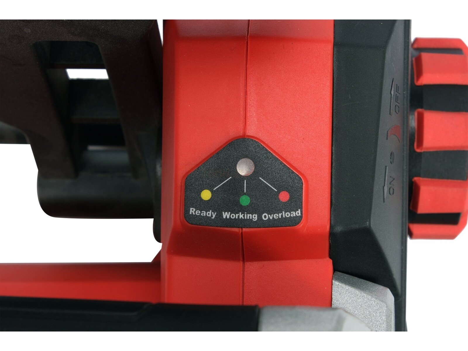 Pildil on näha YATO elektrilise kettsae juhtpaneel, millel on indikaatorid valmisoleku, töö ja ülekoormuse jaoks.