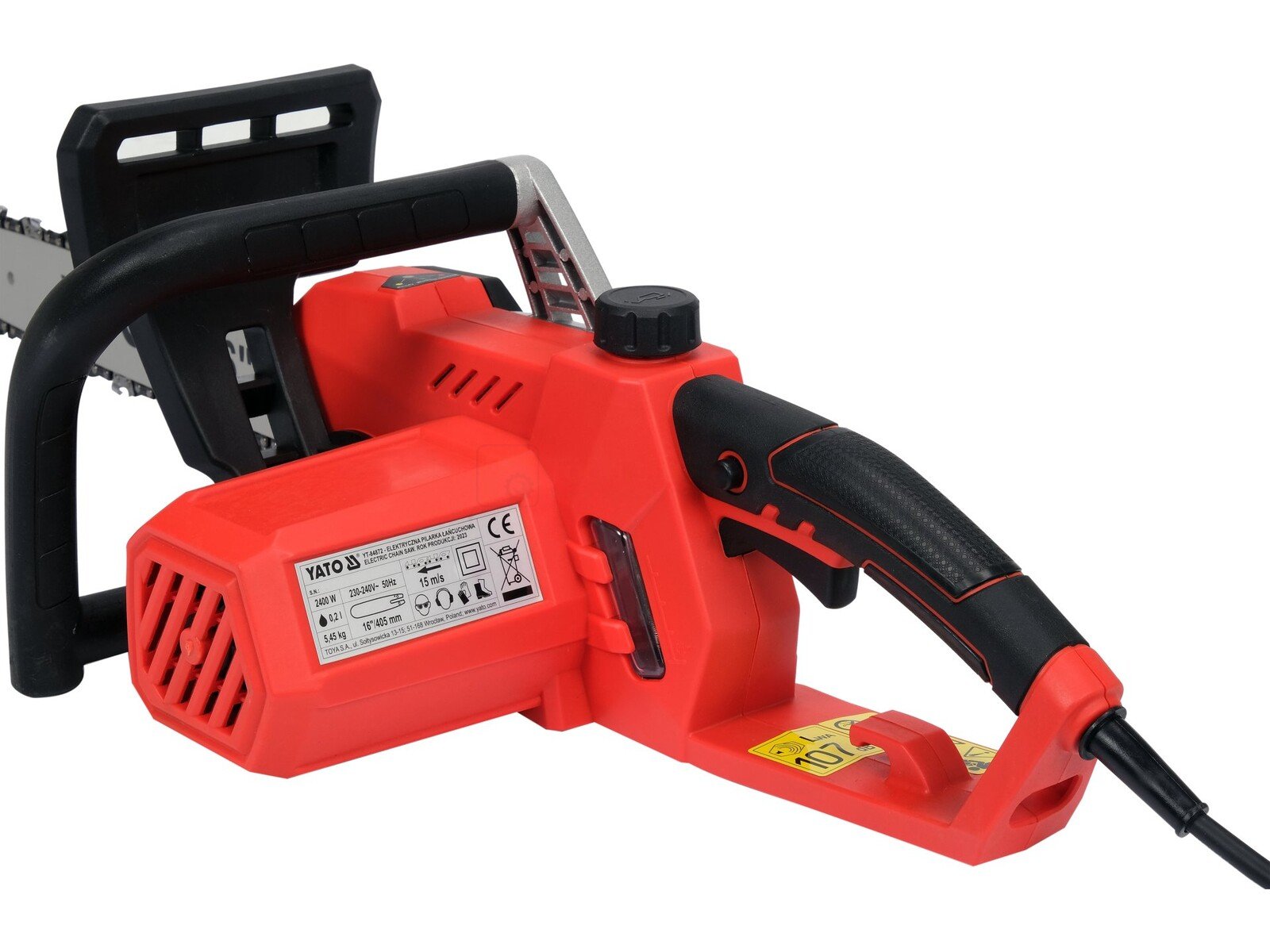 Pildil on punane Yato elektriline kettsaag 2400W 16" koos musta käepideme ja saekettaga.