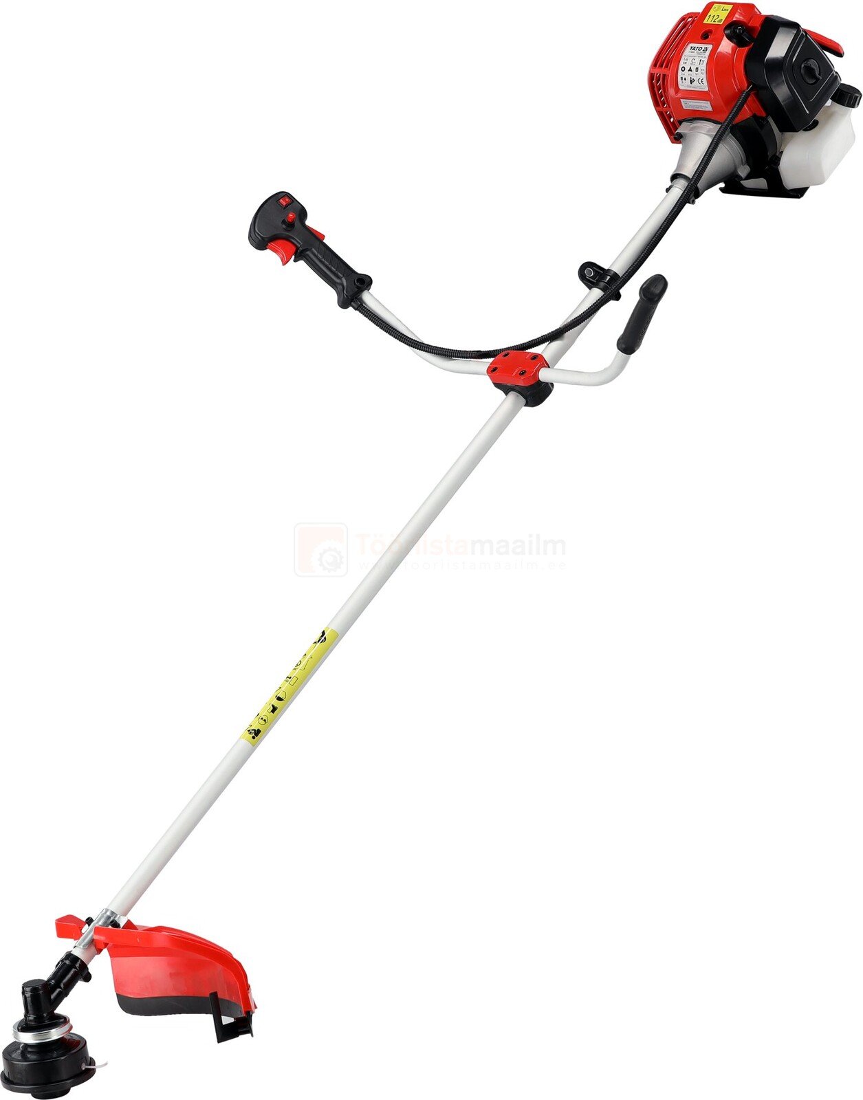 Pildil on YATO võsa- ja rohulõikur, millel on punane mootor, valge vars ja must lõikepea.