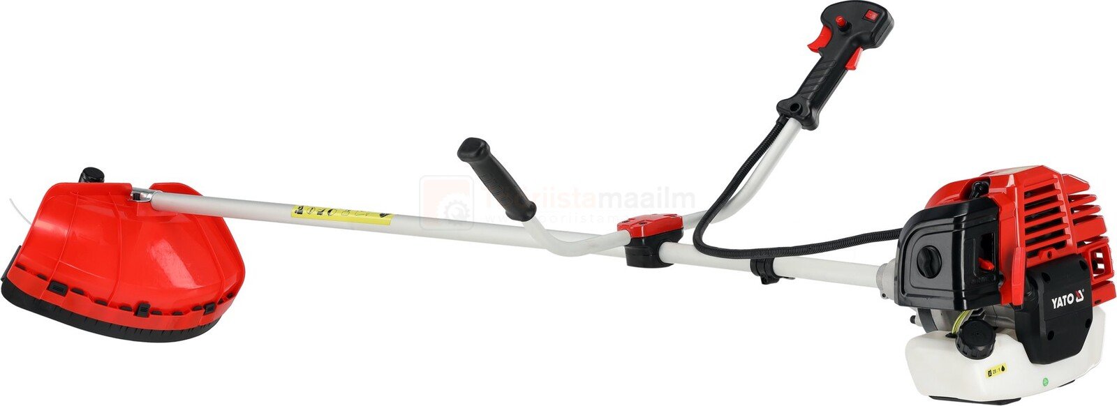 Pildil on YATO võsa- ja rohulõikur, millel on punane mootor, valge vars ja punane lõikepea.