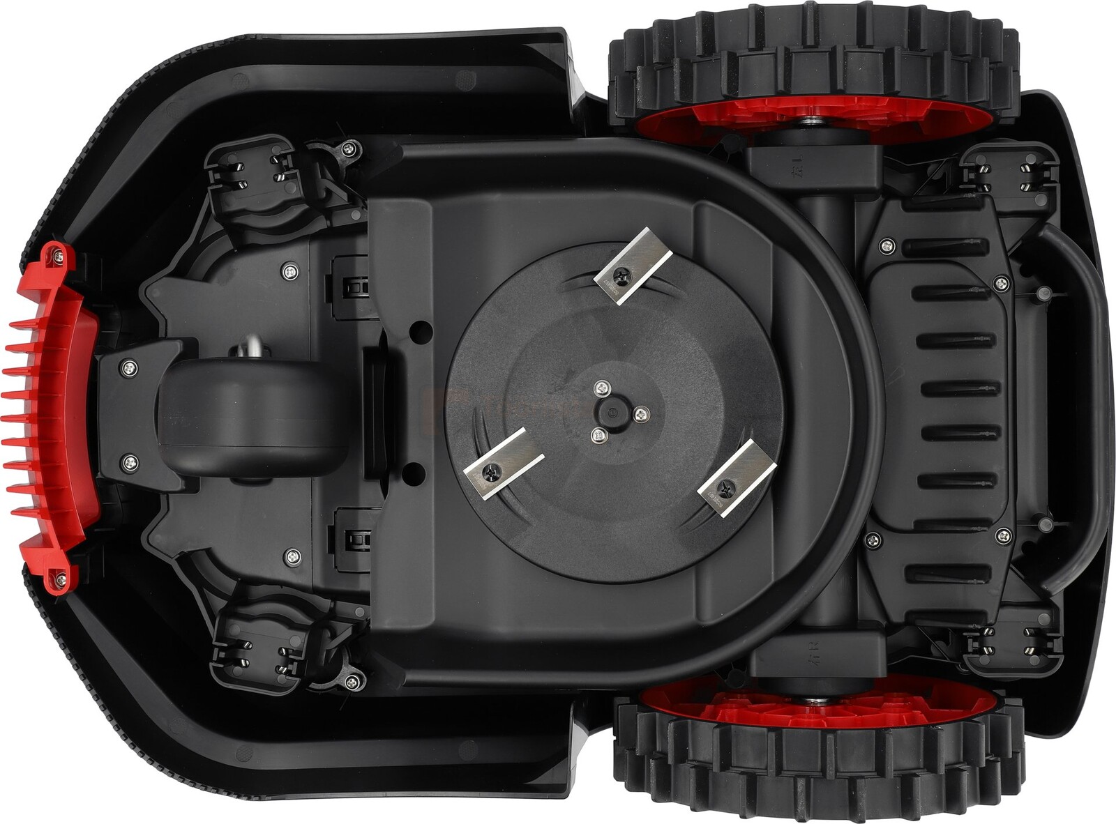 Pildil on YATO robotniiduki 1000 m² põhi, kus on näha lõiketerad, rattad ja muud komponendid.