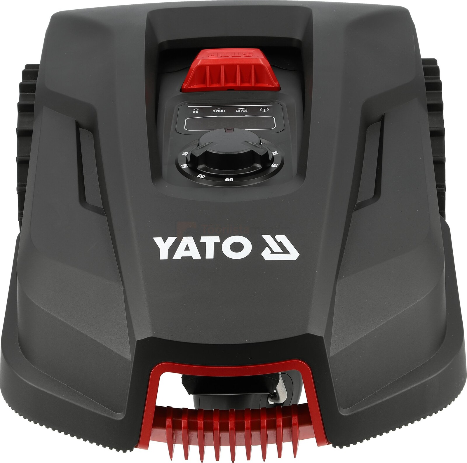 Pildil on musta värvi Yato robotniiduk, millel on punased detailid ja mis on mõeldud kuni 800 m² suuruse muru niitmiseks.