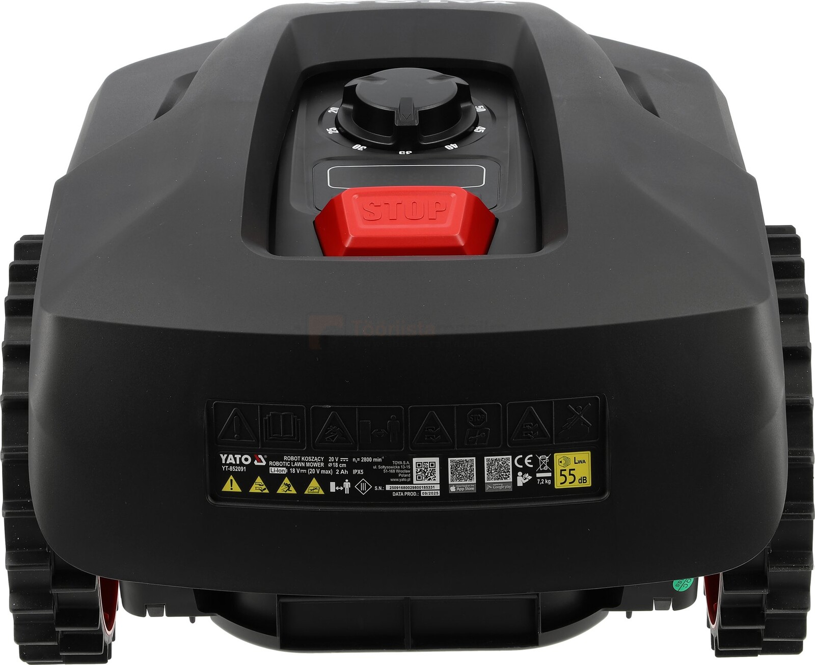 Pildil on must YATO robotniiduk, millel on roomikud ja punane hädaabi nupp.