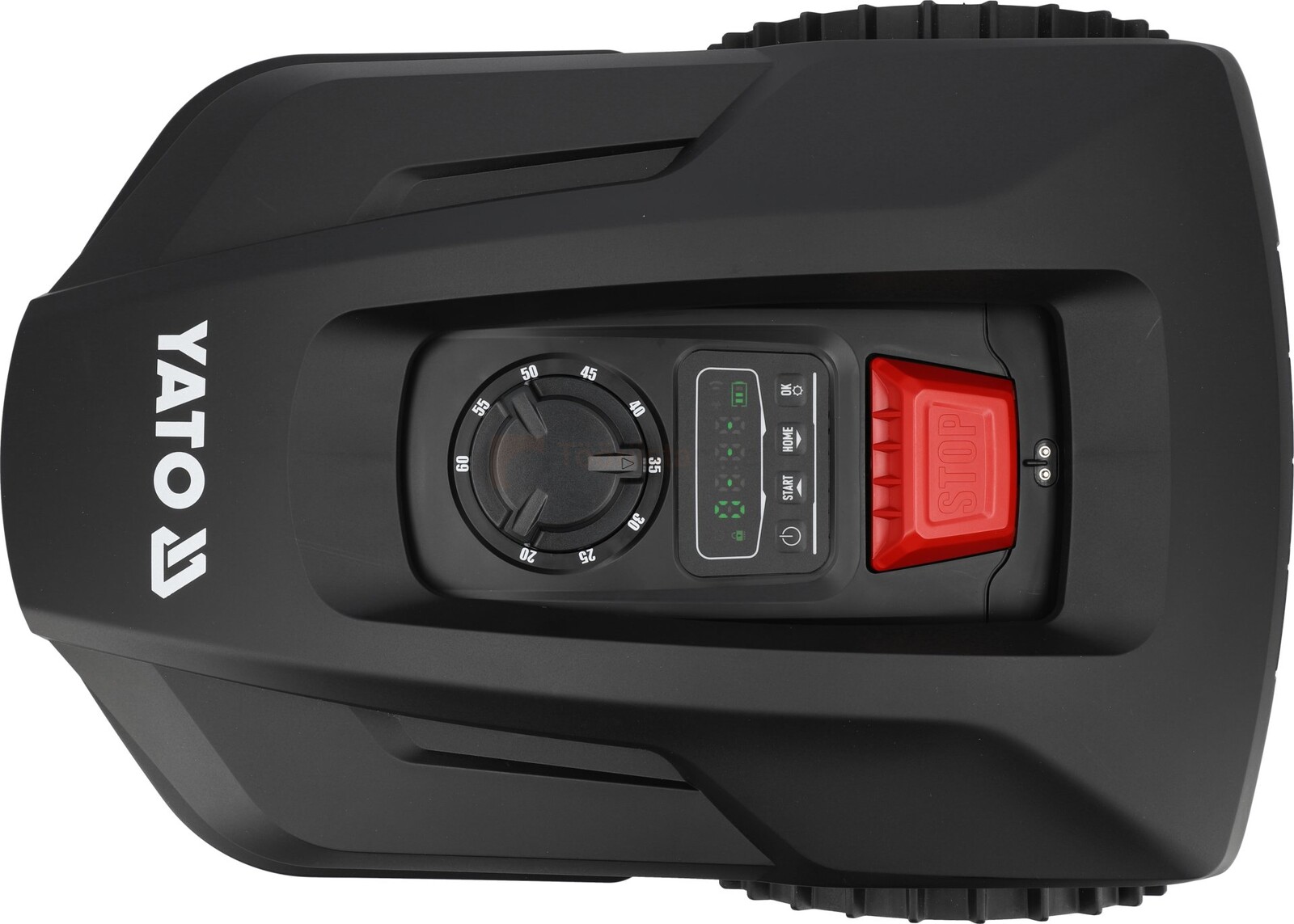 Pildil on must Yato robotniiduk, millel on peal juhtpaneel ja punane hädaseiskamisnupp.